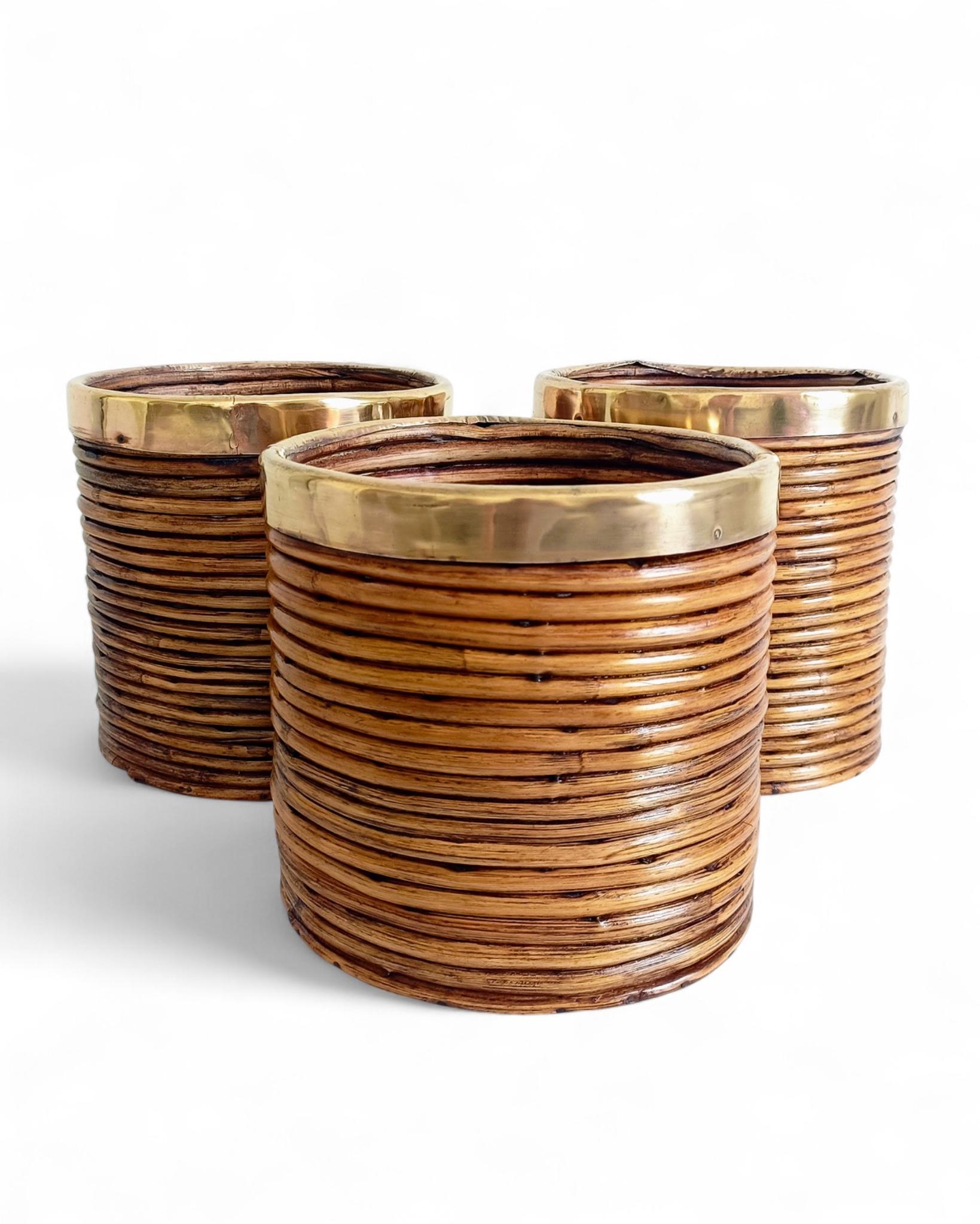 Mid-Century Italian Rattan and Brass Planters, 1960s en vente 2