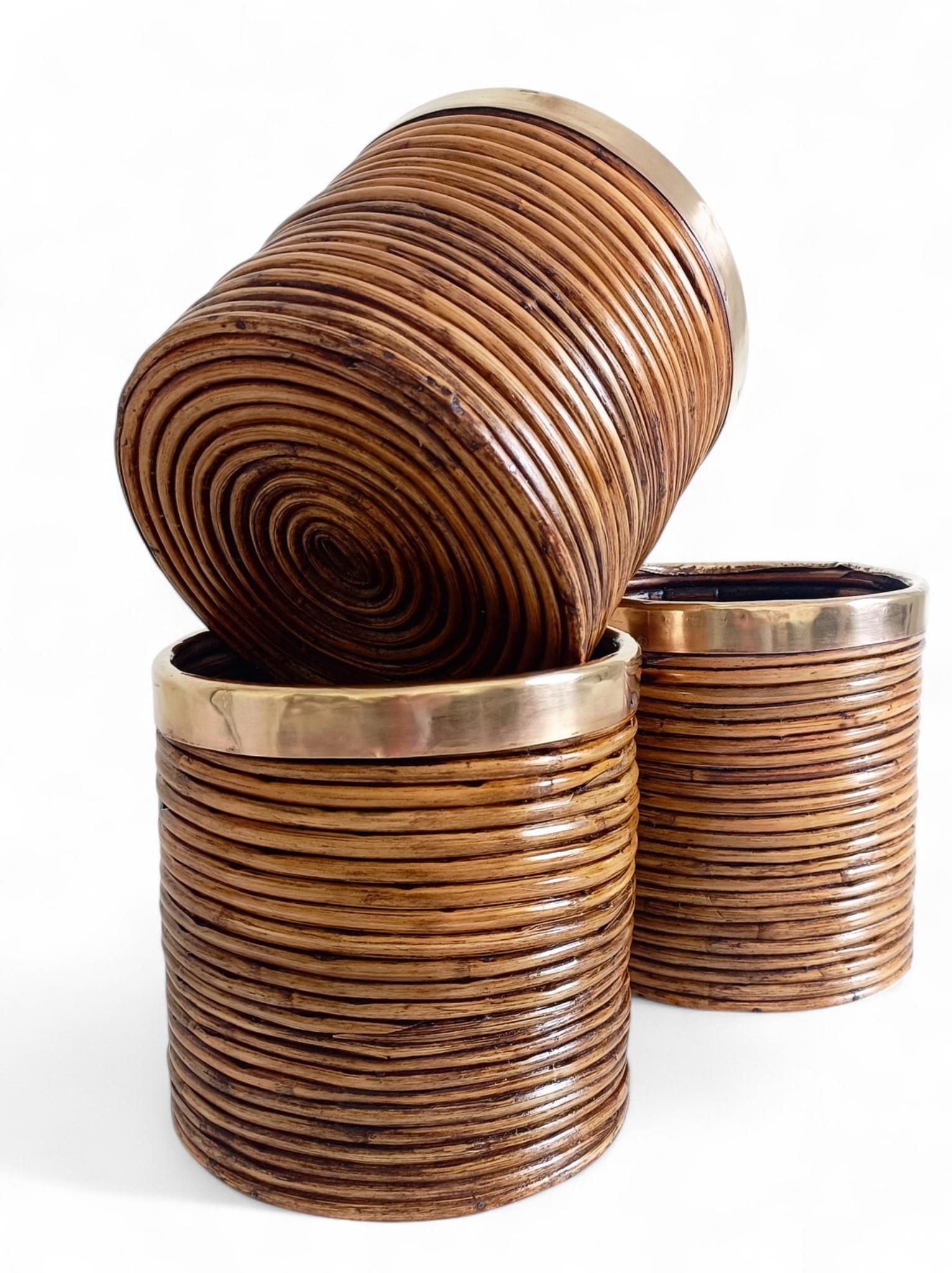 Mid-Century Italian Rattan and Brass Planters, 1960s en vente 3