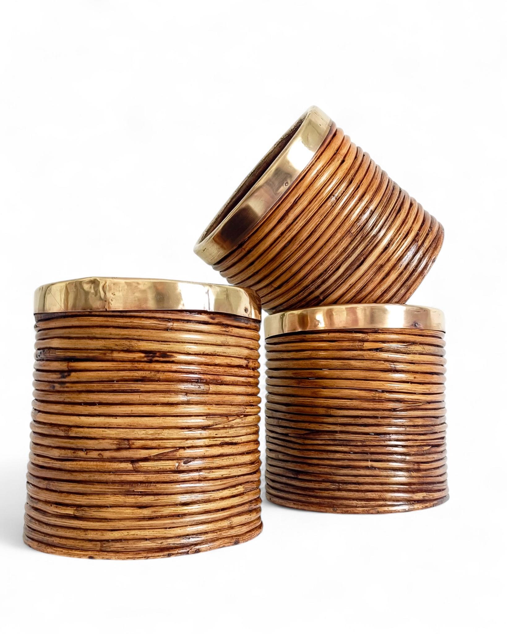 Mid-Century Italian Rattan and Brass Planters, 1960s en vente 4