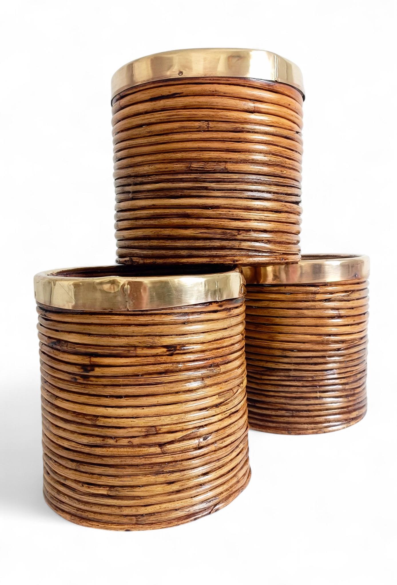 Mid-Century Italian Rattan and Brass Planters, 1960s en vente 5
