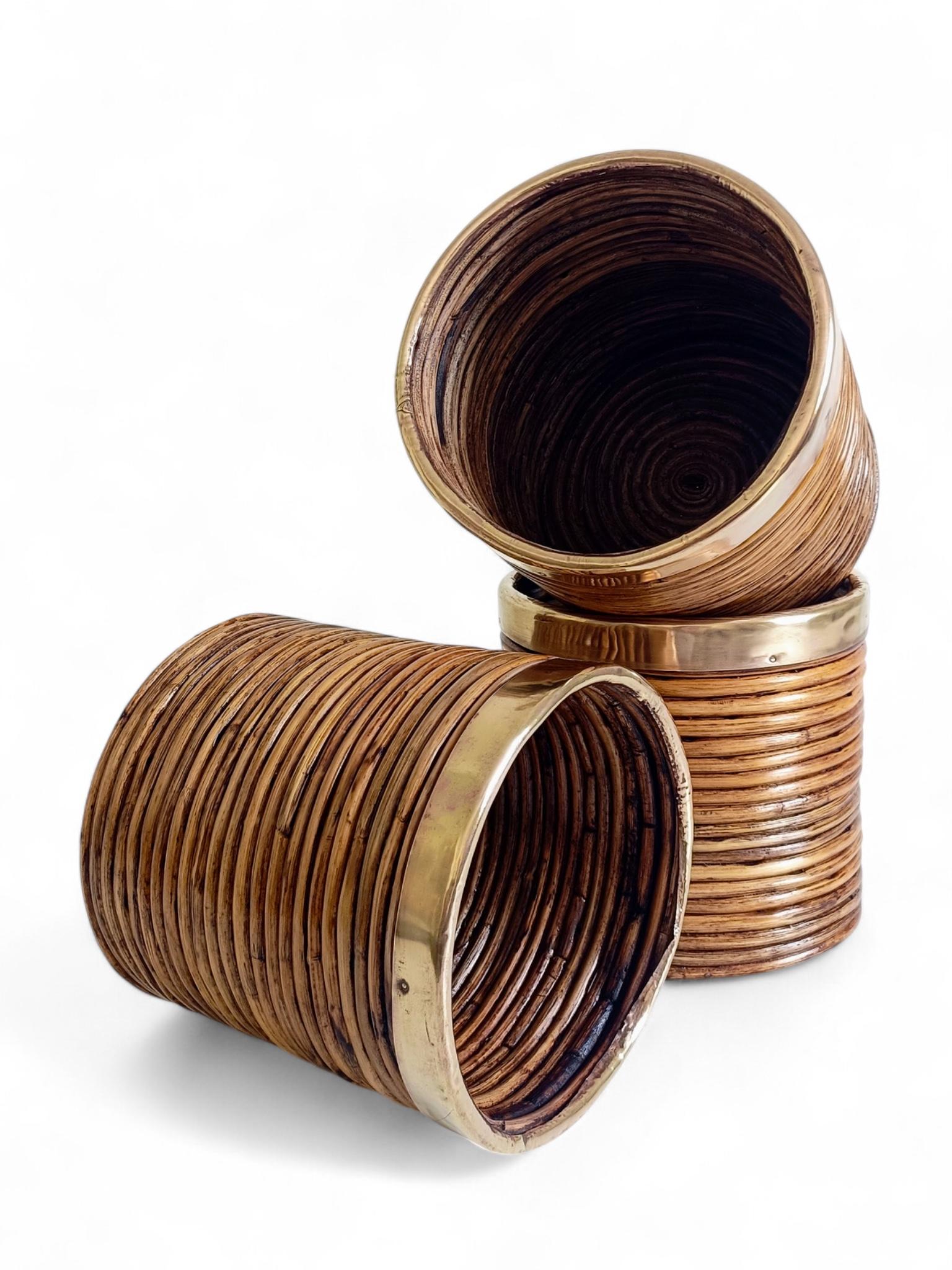 Mid-Century Italian Rattan and Brass Planters, 1960s en vente 6