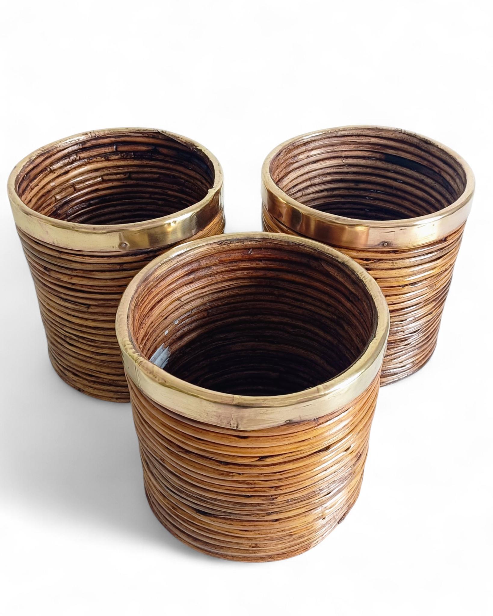 Mid-Century Italian Rattan and Brass Planters, 1960s en vente 7