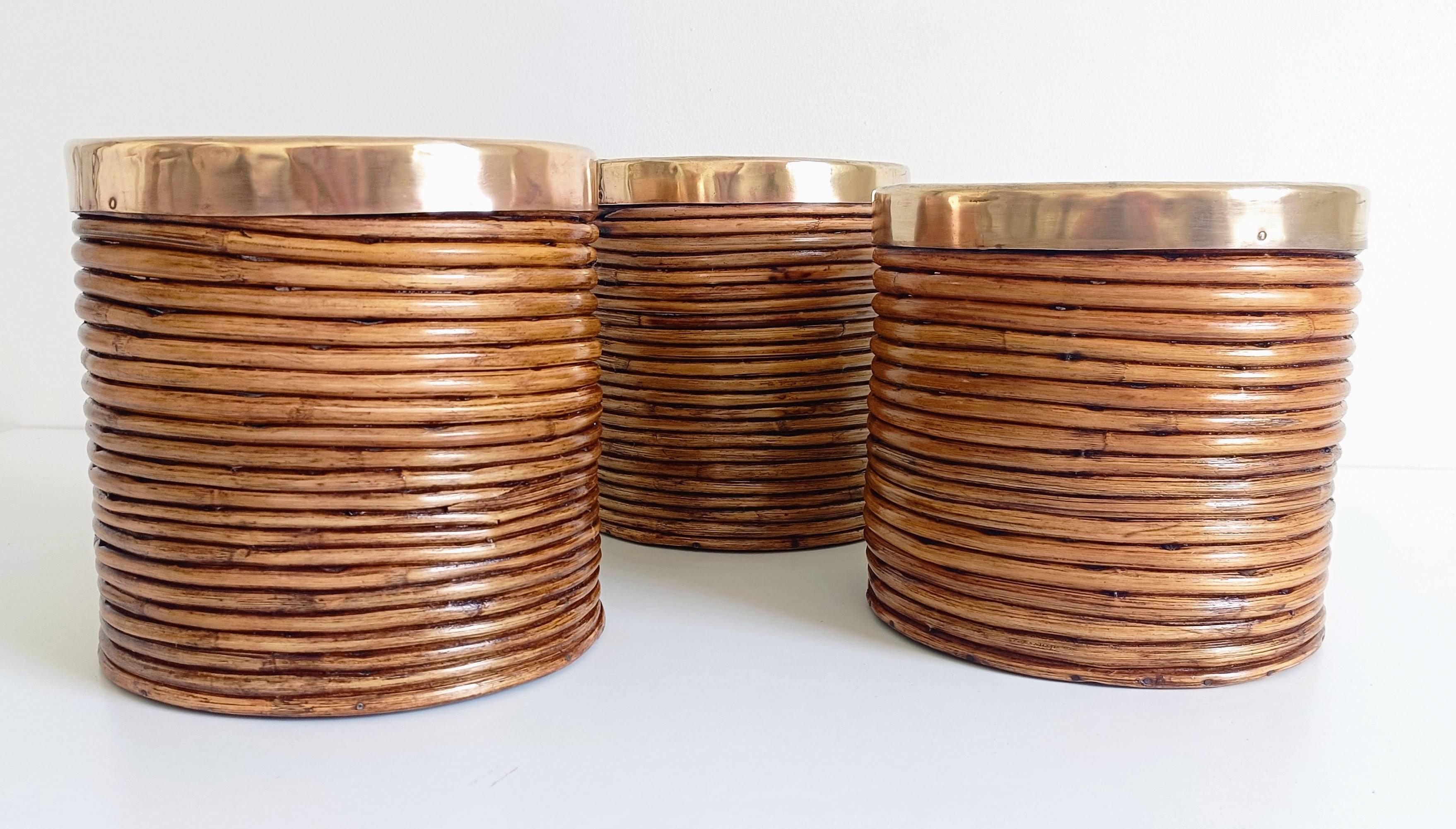 Mid-Century Modern Mid-Century Italian Rattan and Brass Planters, 1960s en vente