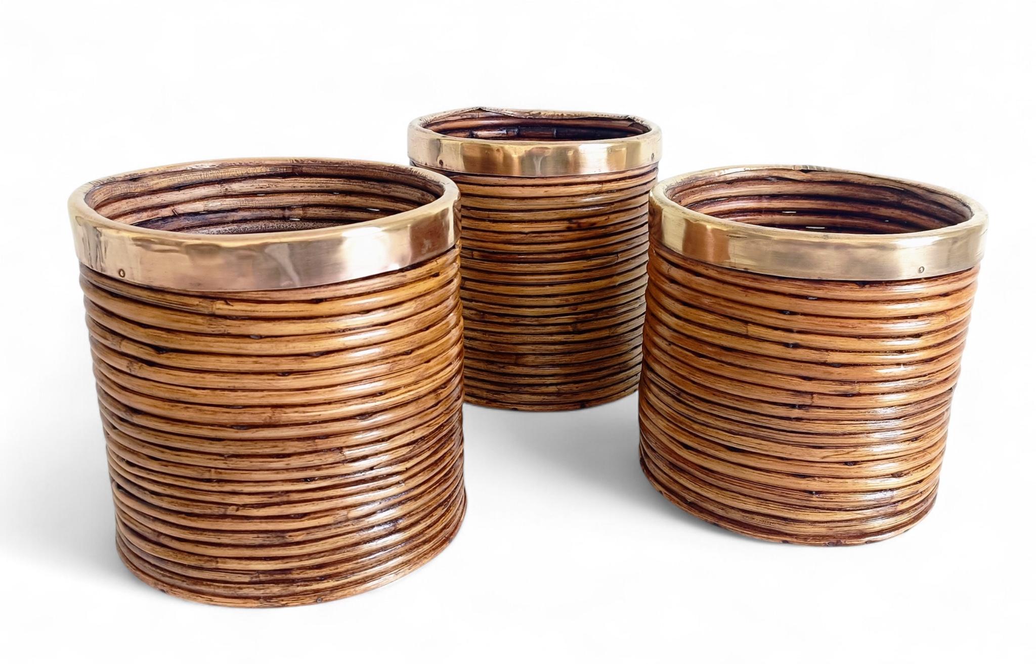 Fait main Mid-Century Italian Rattan and Brass Planters, 1960s en vente