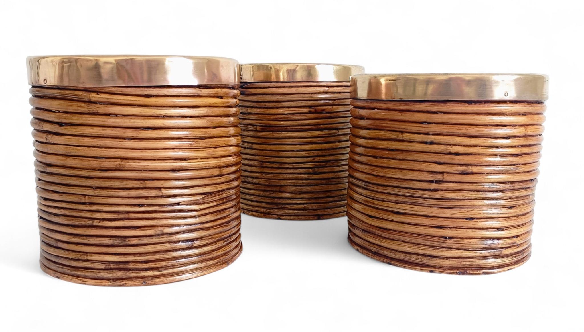 Mid-Century Italian Rattan and Brass Planters, 1960s Excellent état - En vente à Valencia, VC