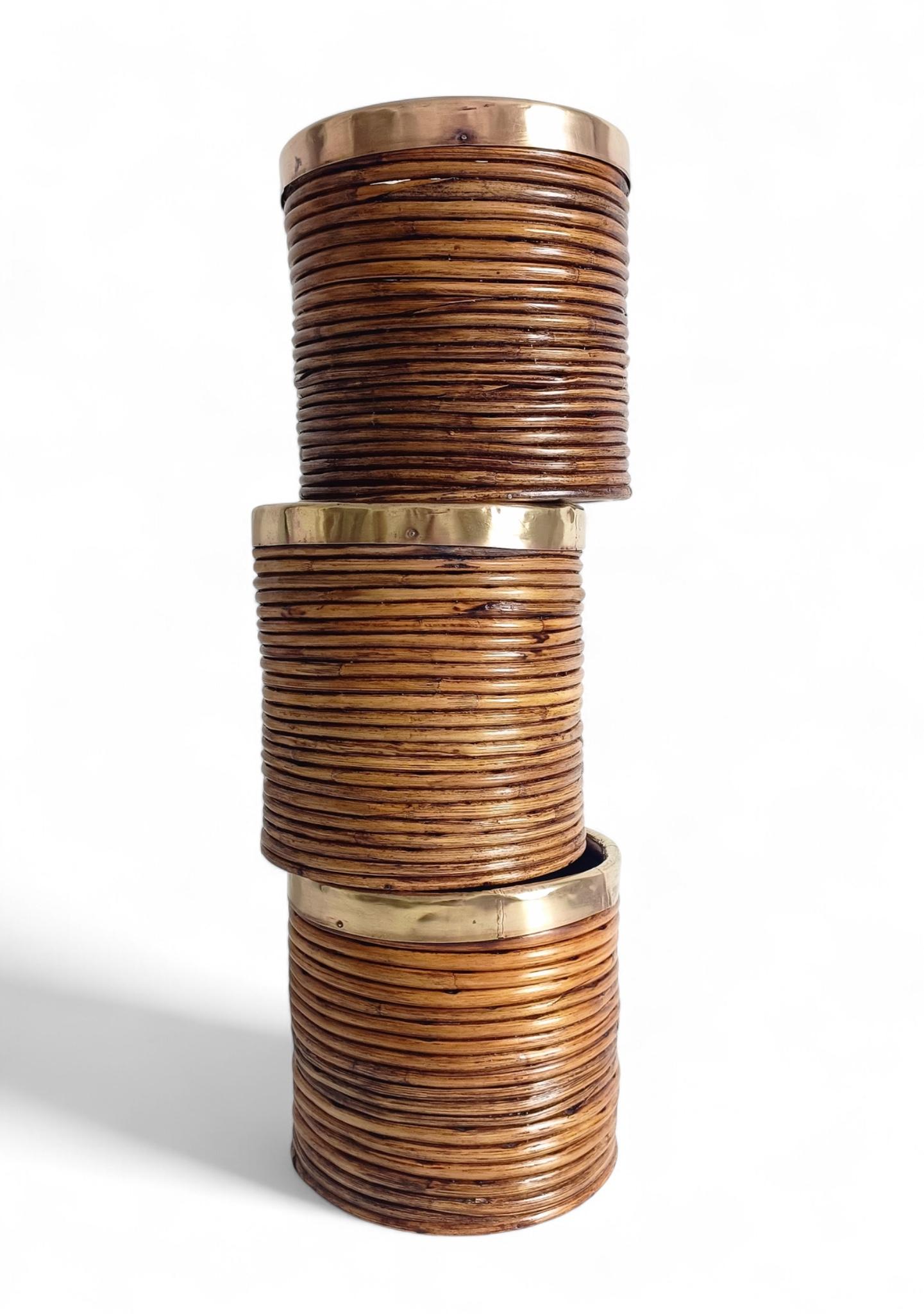 Laiton Mid-Century Italian Rattan and Brass Planters, 1960s en vente