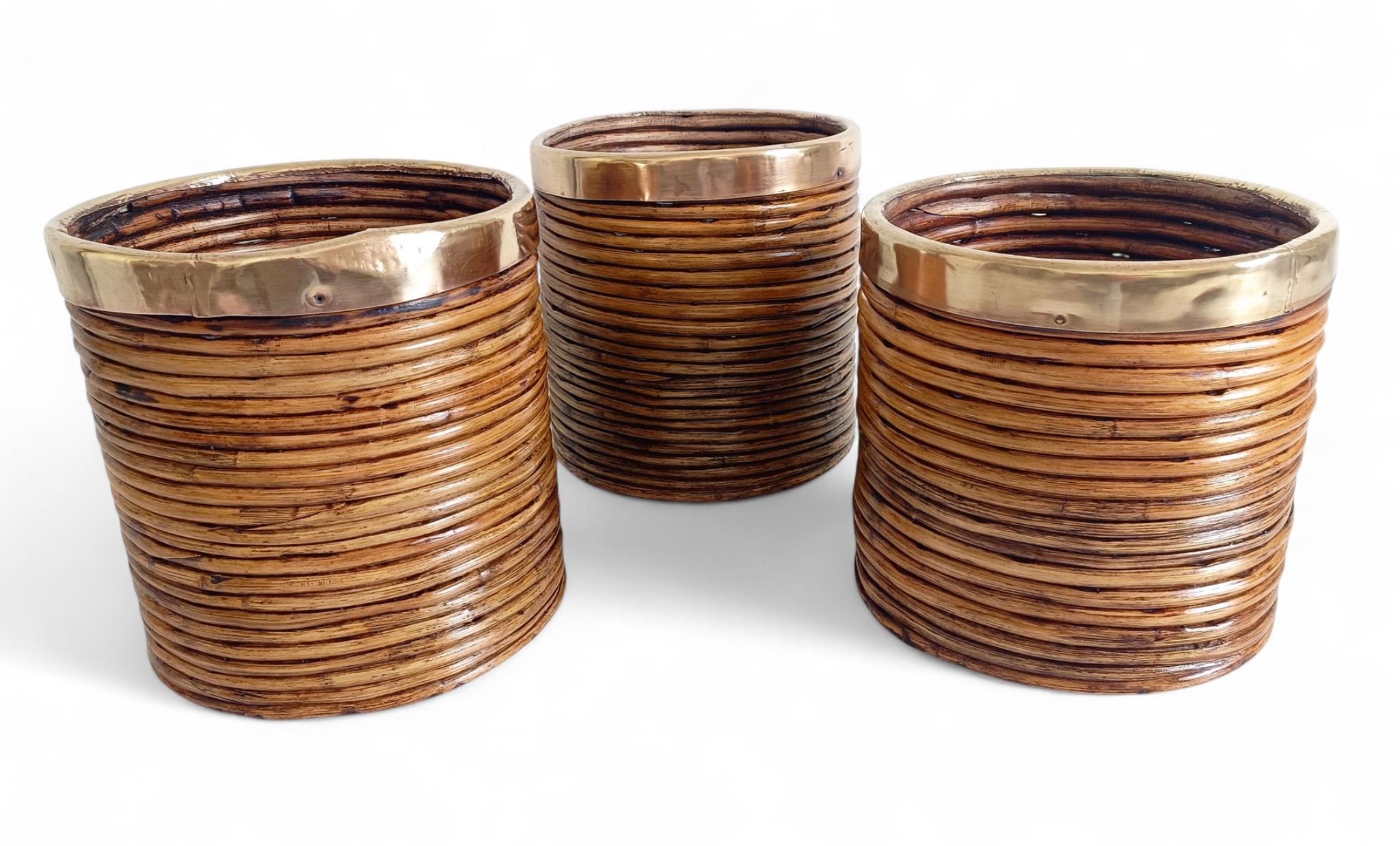 Mid-Century Italian Rattan and Brass Planters, 1960s en vente 1