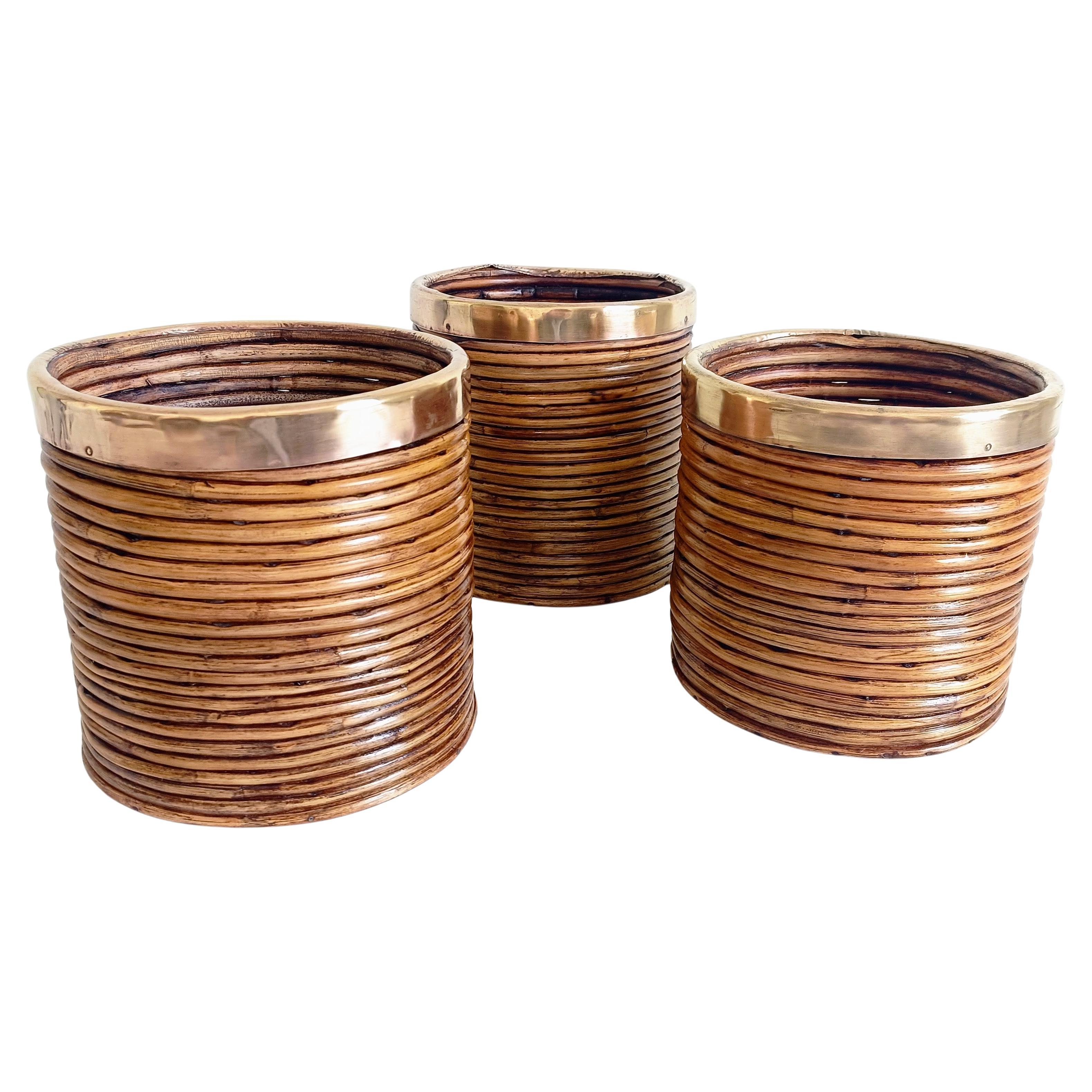 Mid-Century Italian Rattan and Brass Planters, 1960s