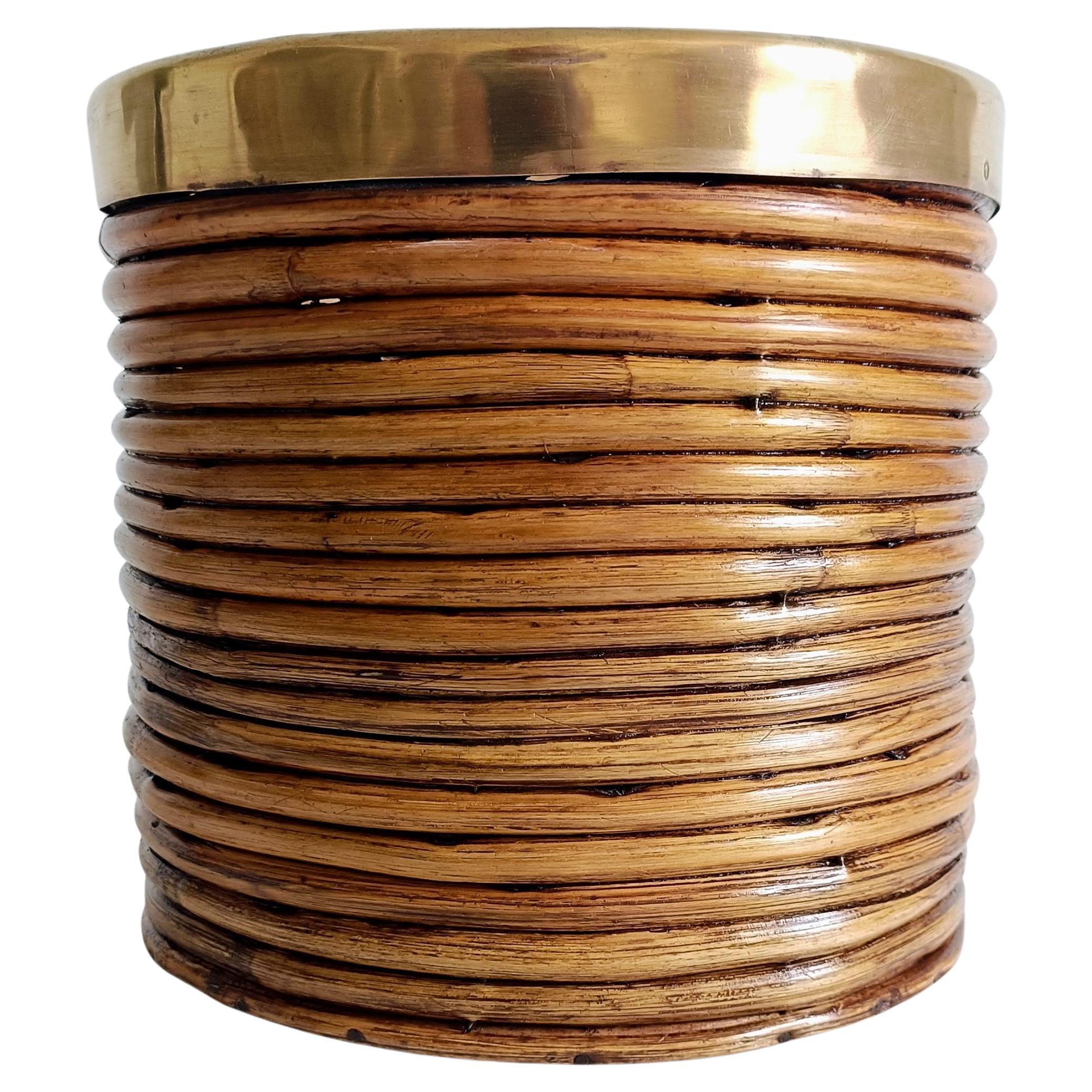 Mid-Century Italian Rattan and Brass Planter, 1960s