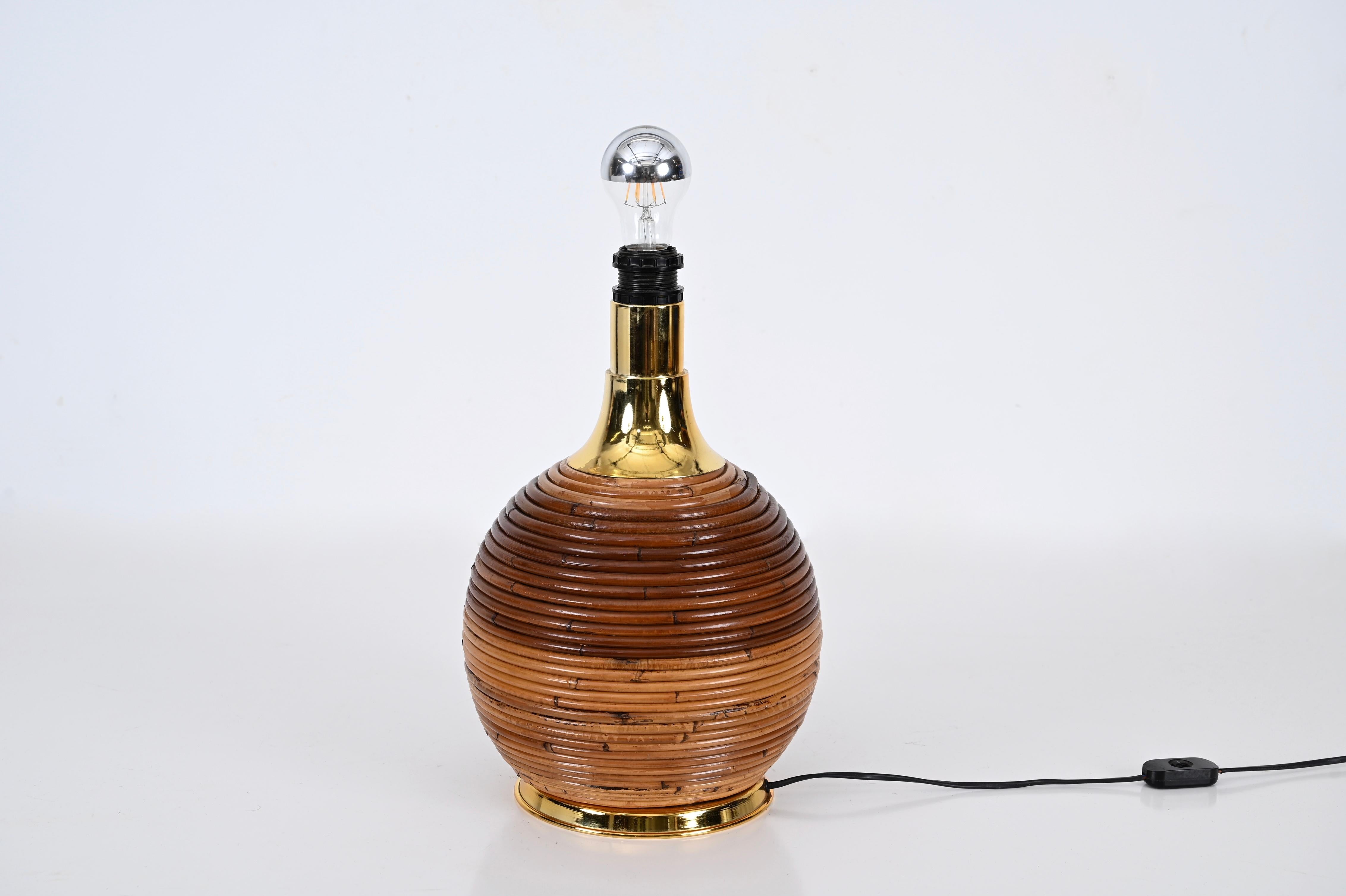 Mid-Century Italian Rattan and Gilt Metal Table Lamp by Vivai Del Sud, 1970s 7