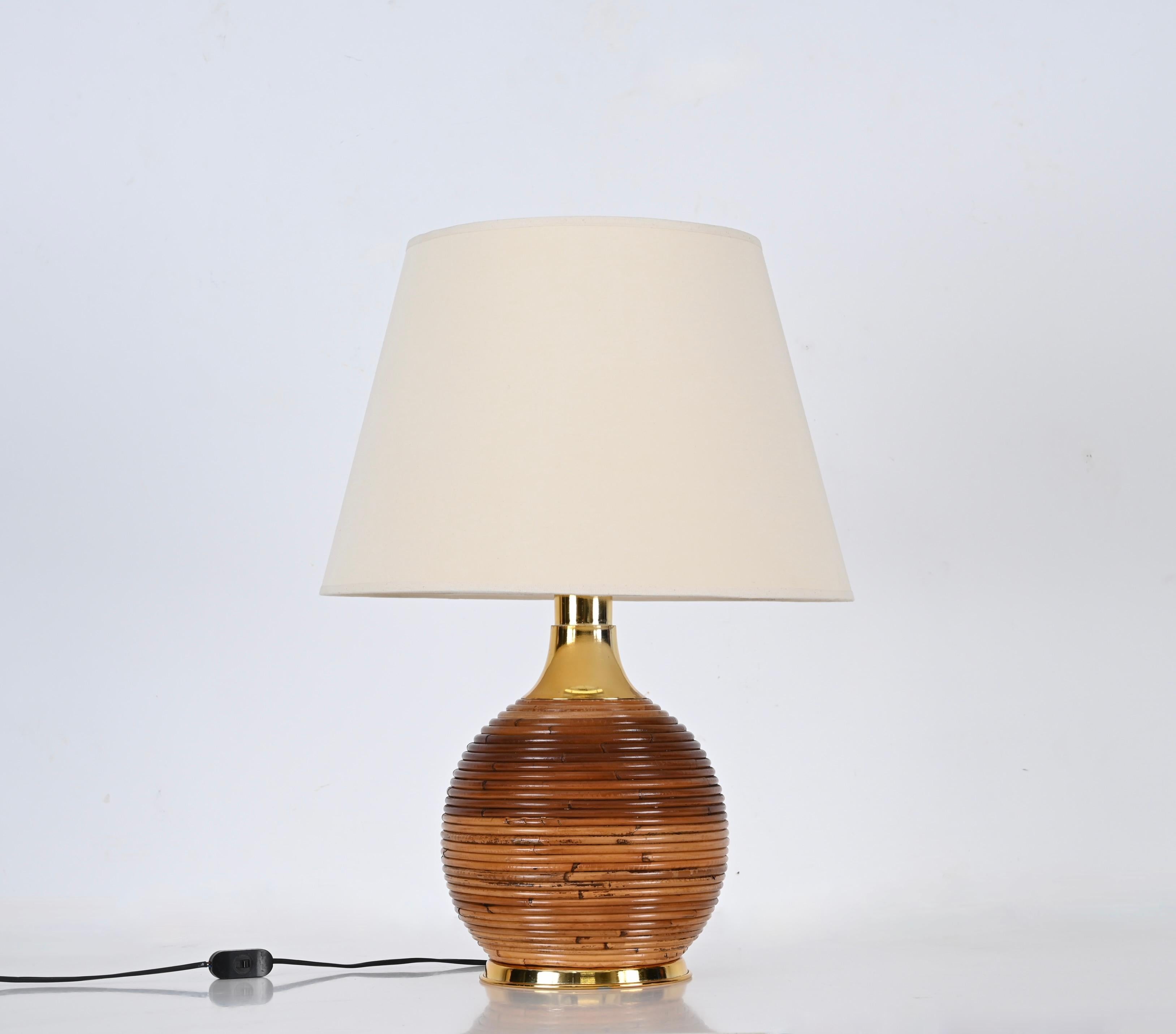 Mid-Century Italian Rattan and Gilt Metal Table Lamp by Vivai Del Sud, 1970s 8
