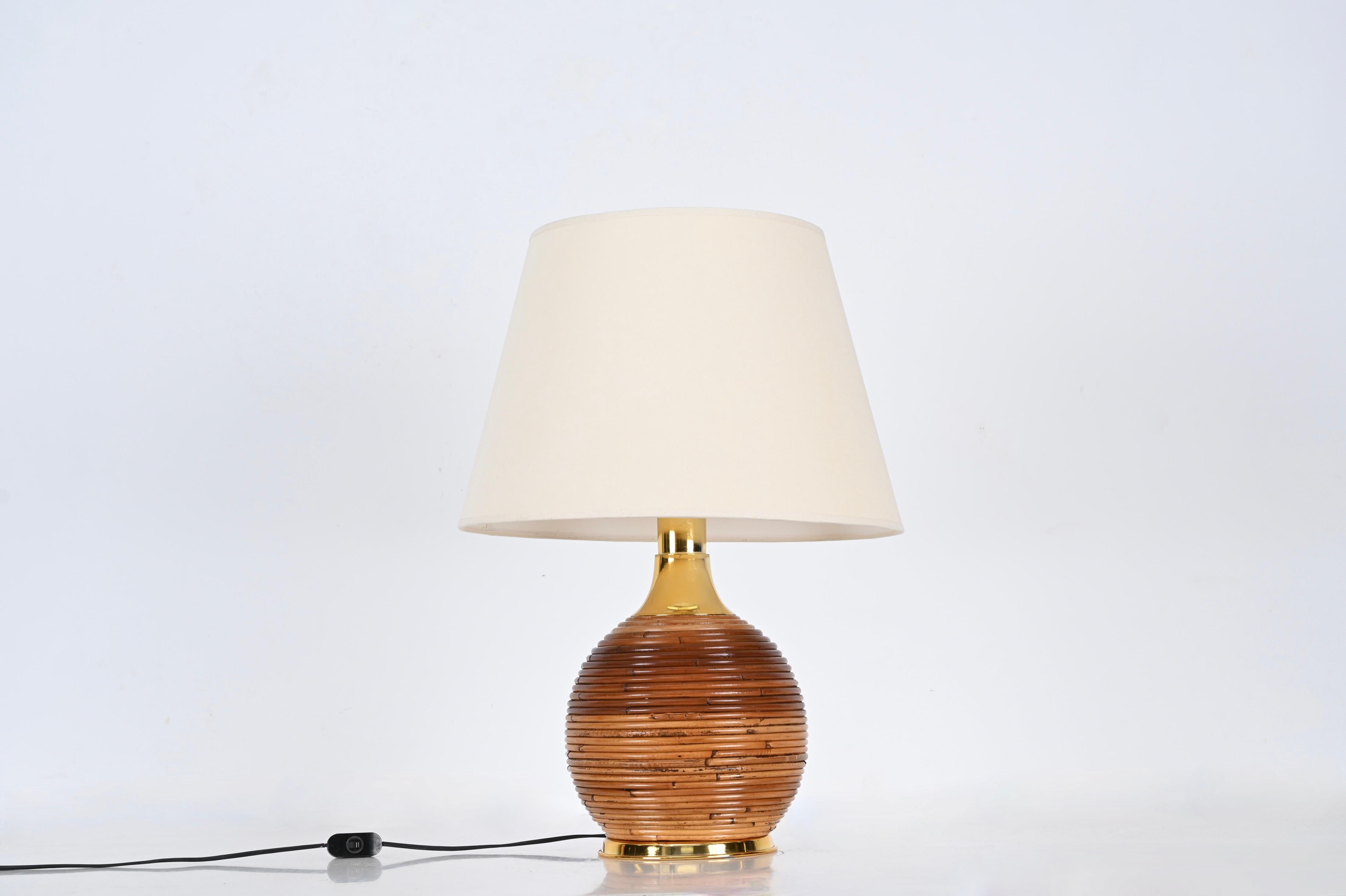 Mid-Century Italian Rattan and Gilt Metal Table Lamp by Vivai Del Sud, 1970s 3