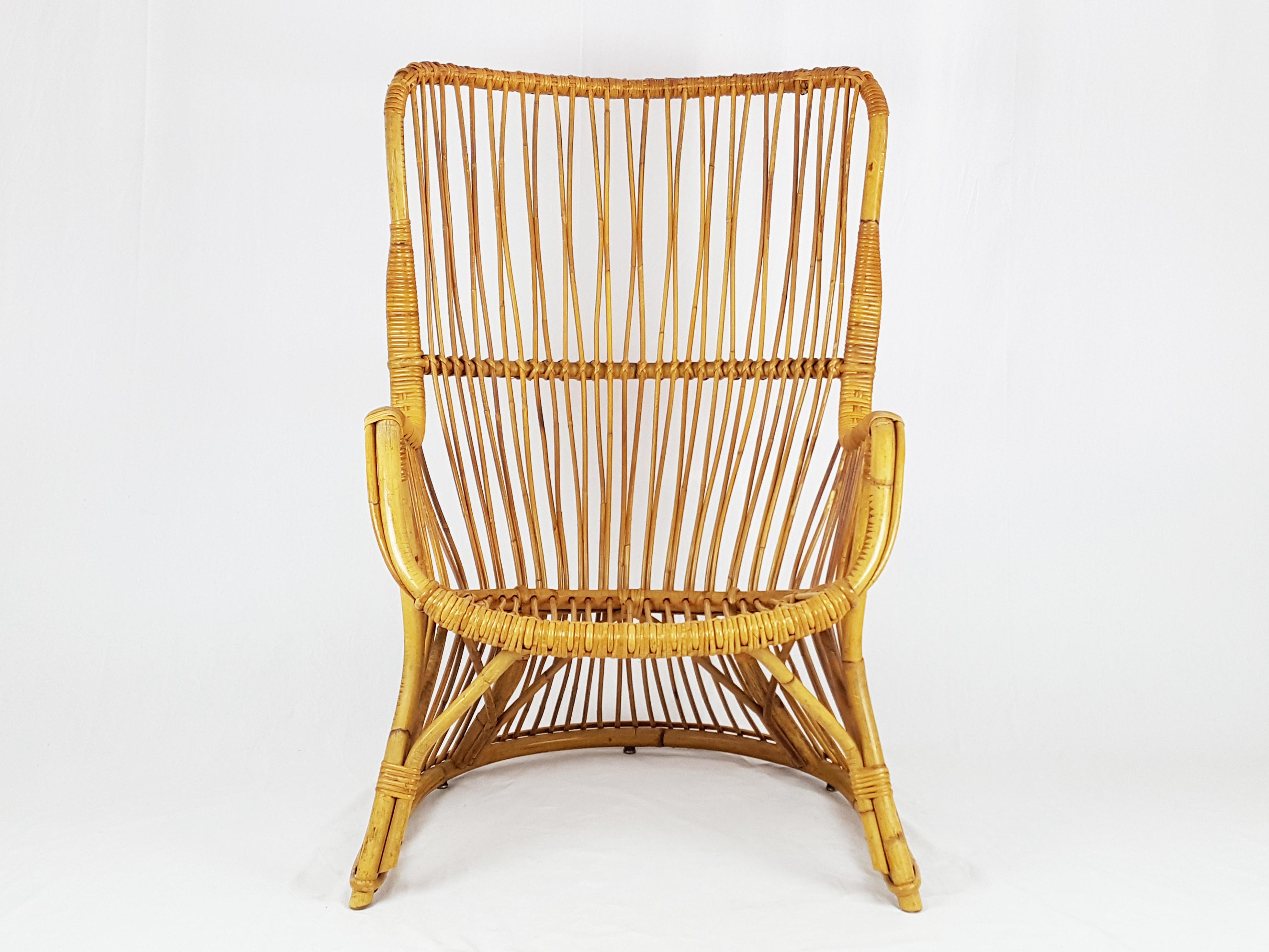 Mid-Century Italian Rattan and Rush Armchair, 1960s In Good Condition For Sale In Varese, Lombardia