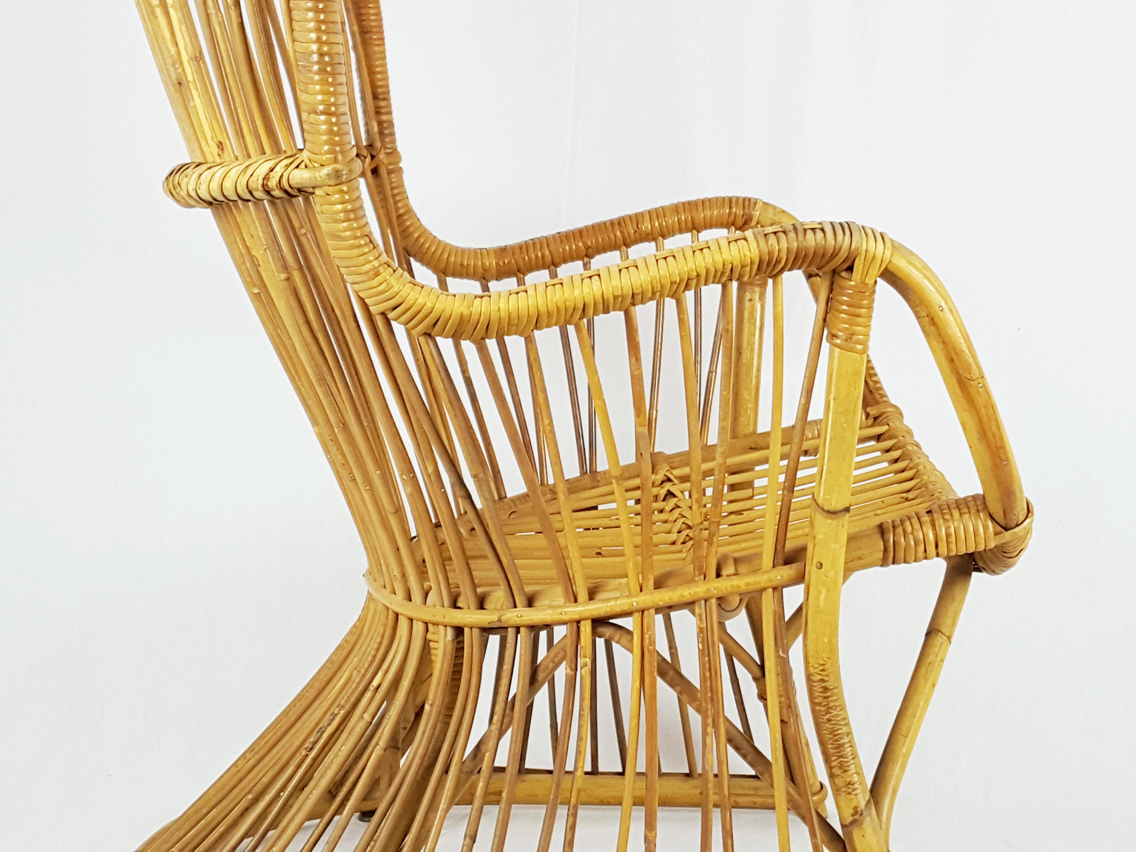 Mid-Century Italian Rattan and Rush Armchair, 1960s For Sale 2