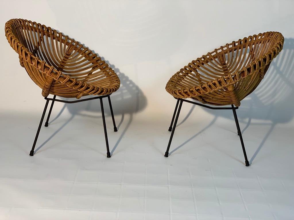 Mid-Century Modern Midcentury Italian Rattan Bamboo 2 Armchairs and Side Table Black Metal Leggs
