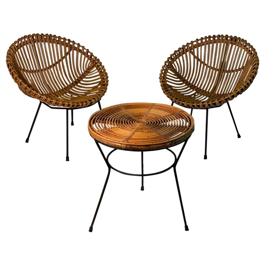 Midcentury Italian Rattan Bamboo 2 Armchairs and Side Table Black Metal Leggs