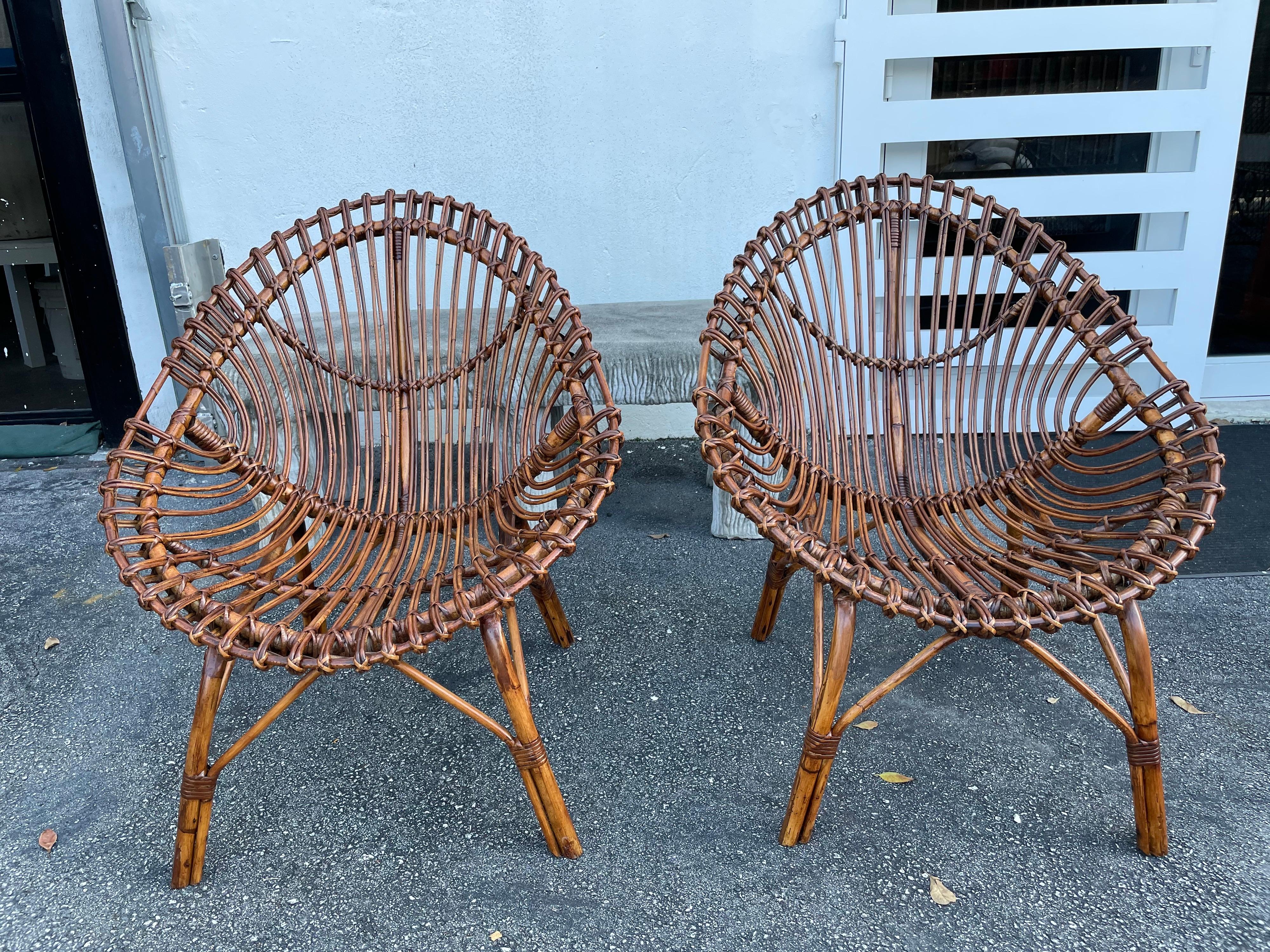 Midcentury Italian Rattan and Bamboo Scoop Design Chairs 4