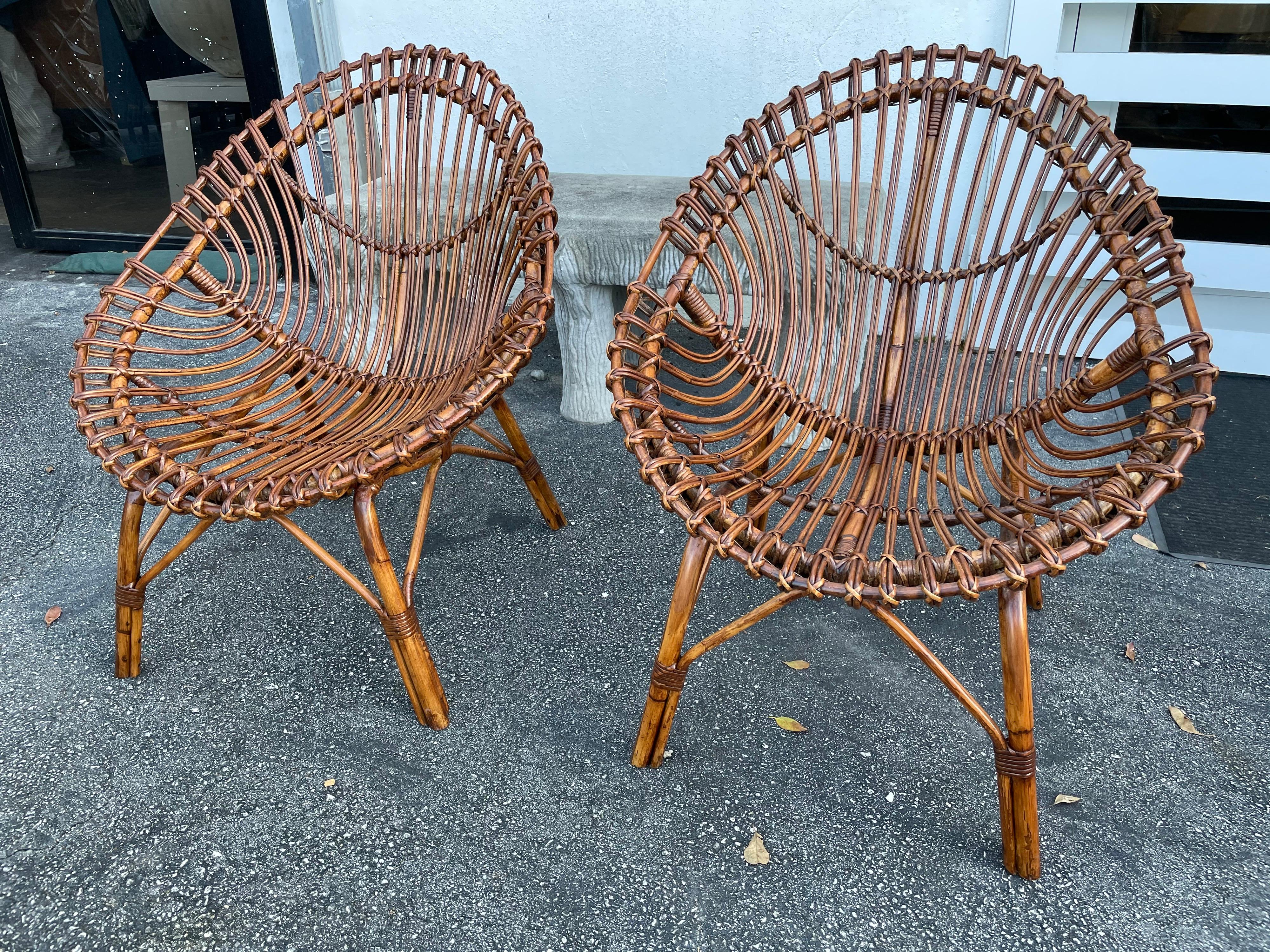 Midcentury Italian Rattan and Bamboo Scoop Design Chairs 5