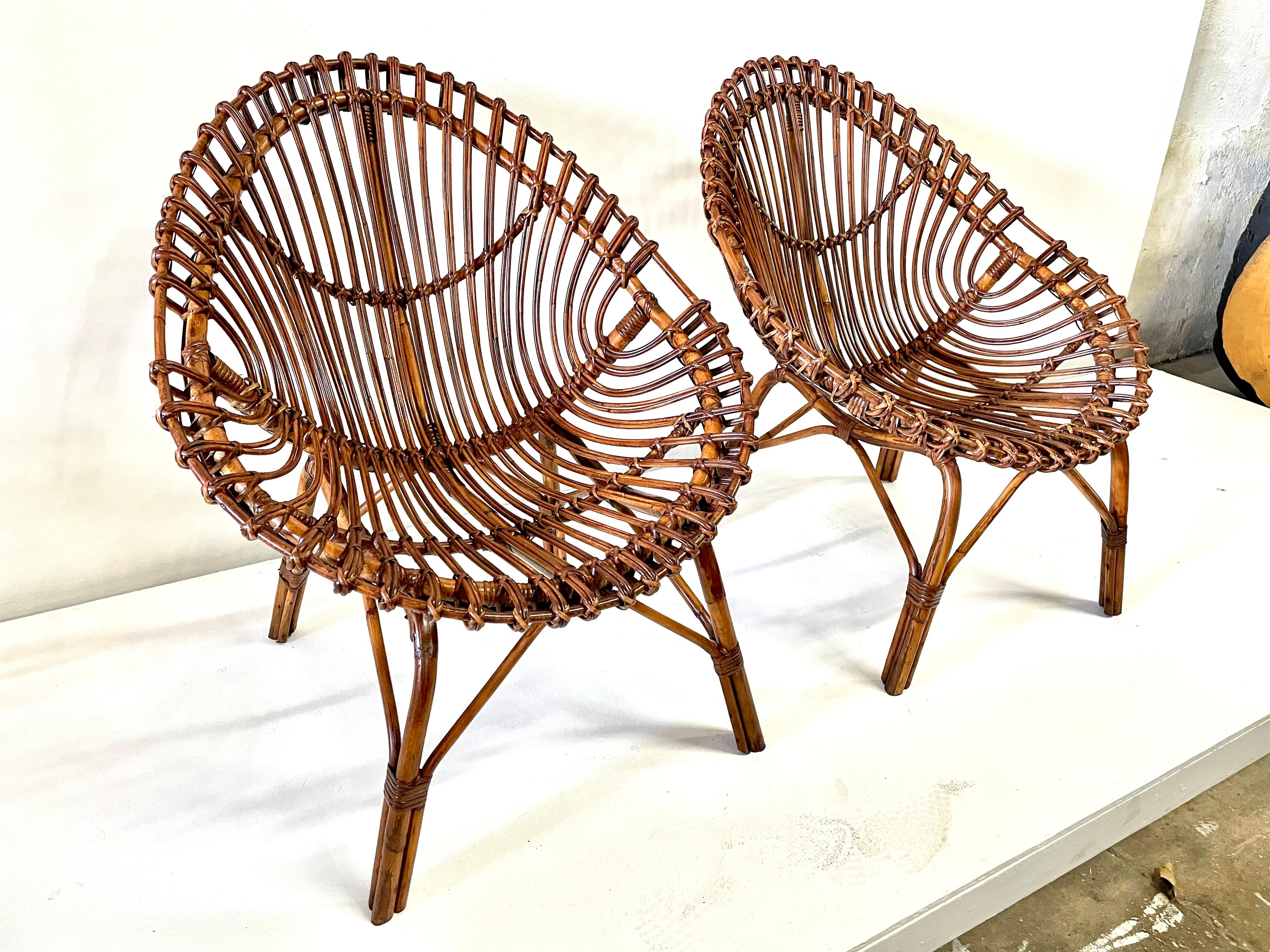 Midcentury Italian Rattan and Bamboo Scoop Design Chairs 6