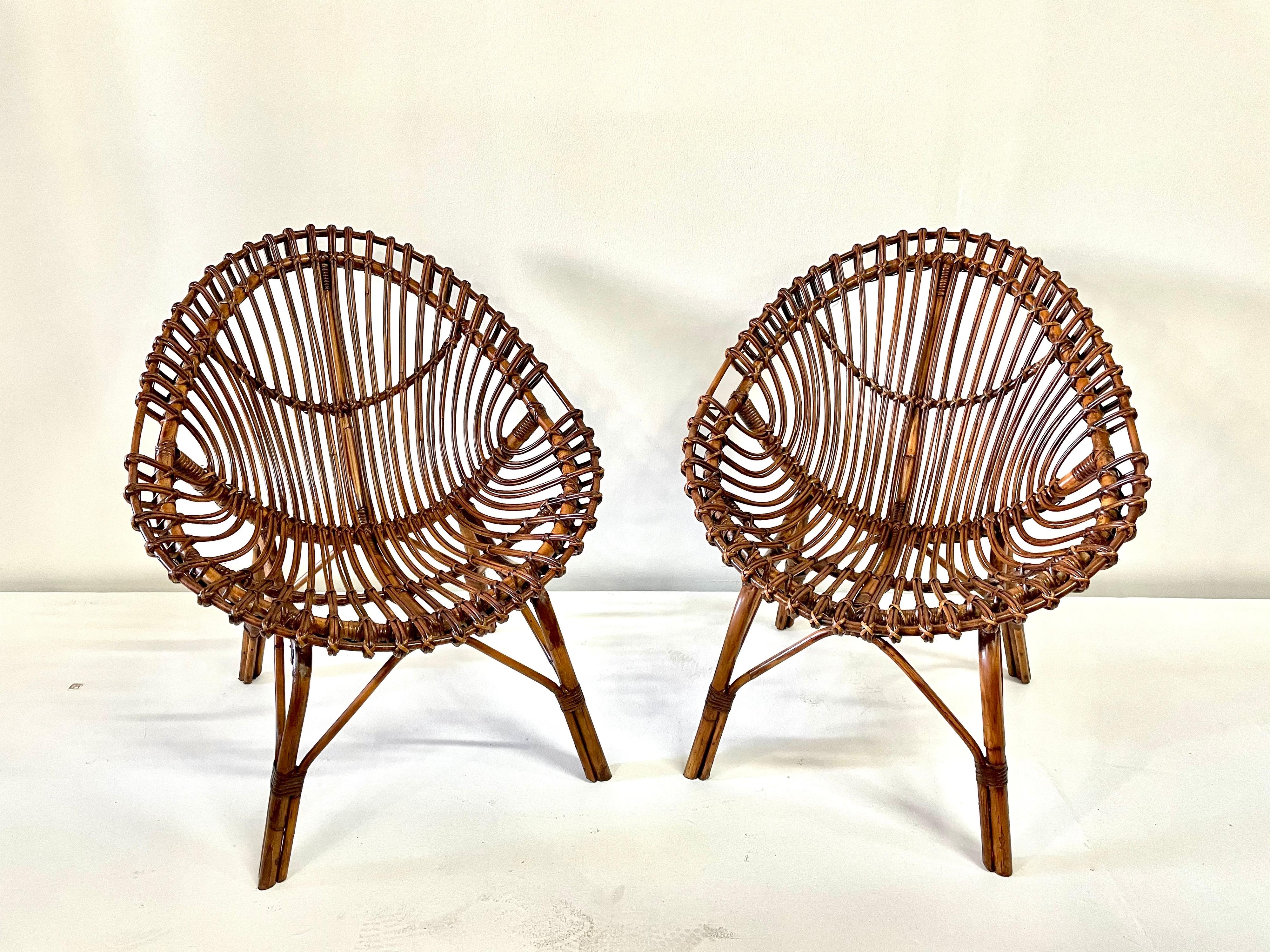 Midcentury Italian Rattan and Bamboo Scoop Design Chairs 7