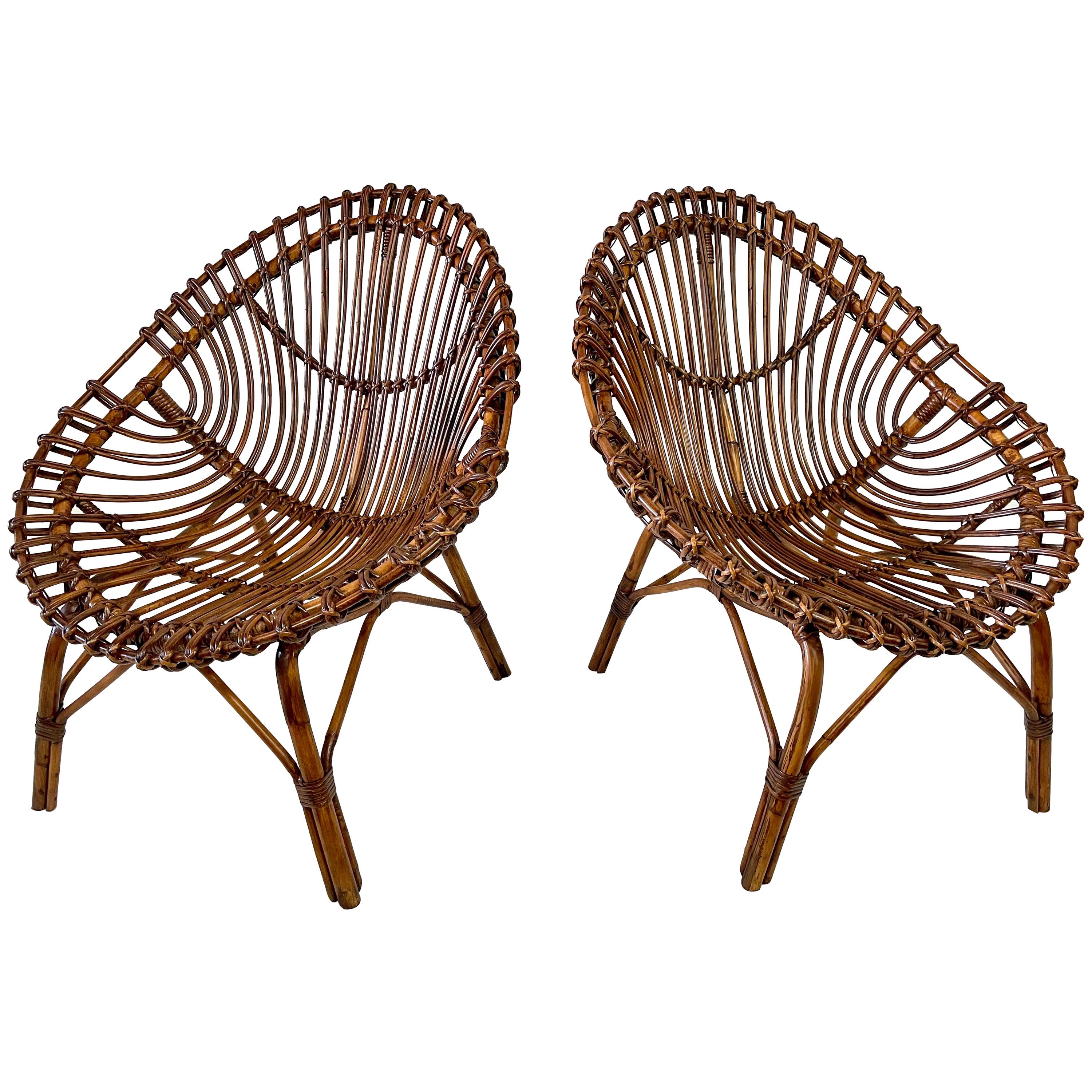 Midcentury Italian Rattan and Bamboo Scoop Design Chairs