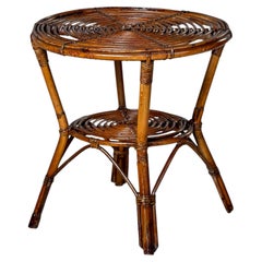 Mid-Century Italian Rattan & Bamboo Two-Tier Side Table