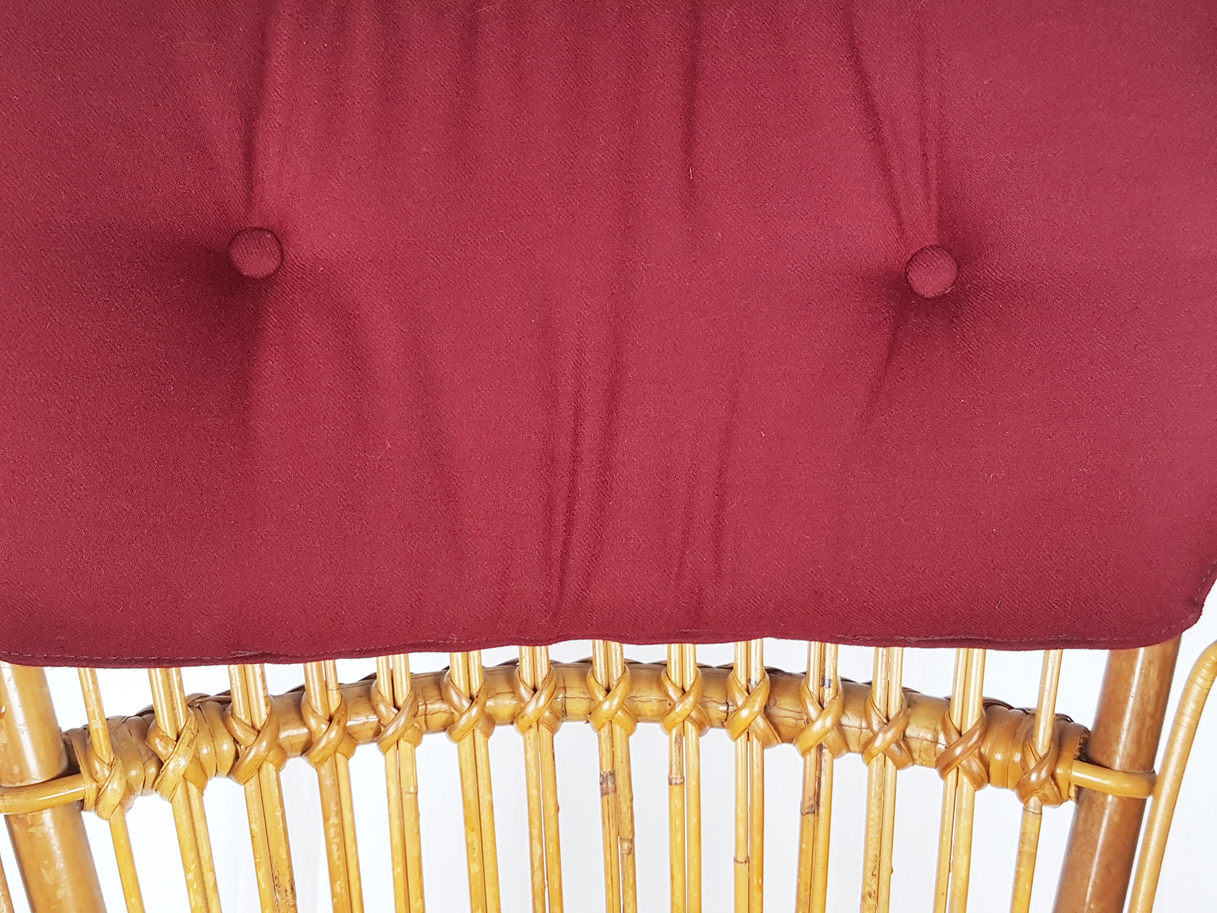 Midcentury Italian Rattan & Burgundy Wool Seat & Back Armchairs, 1960s, Pair For Sale 5