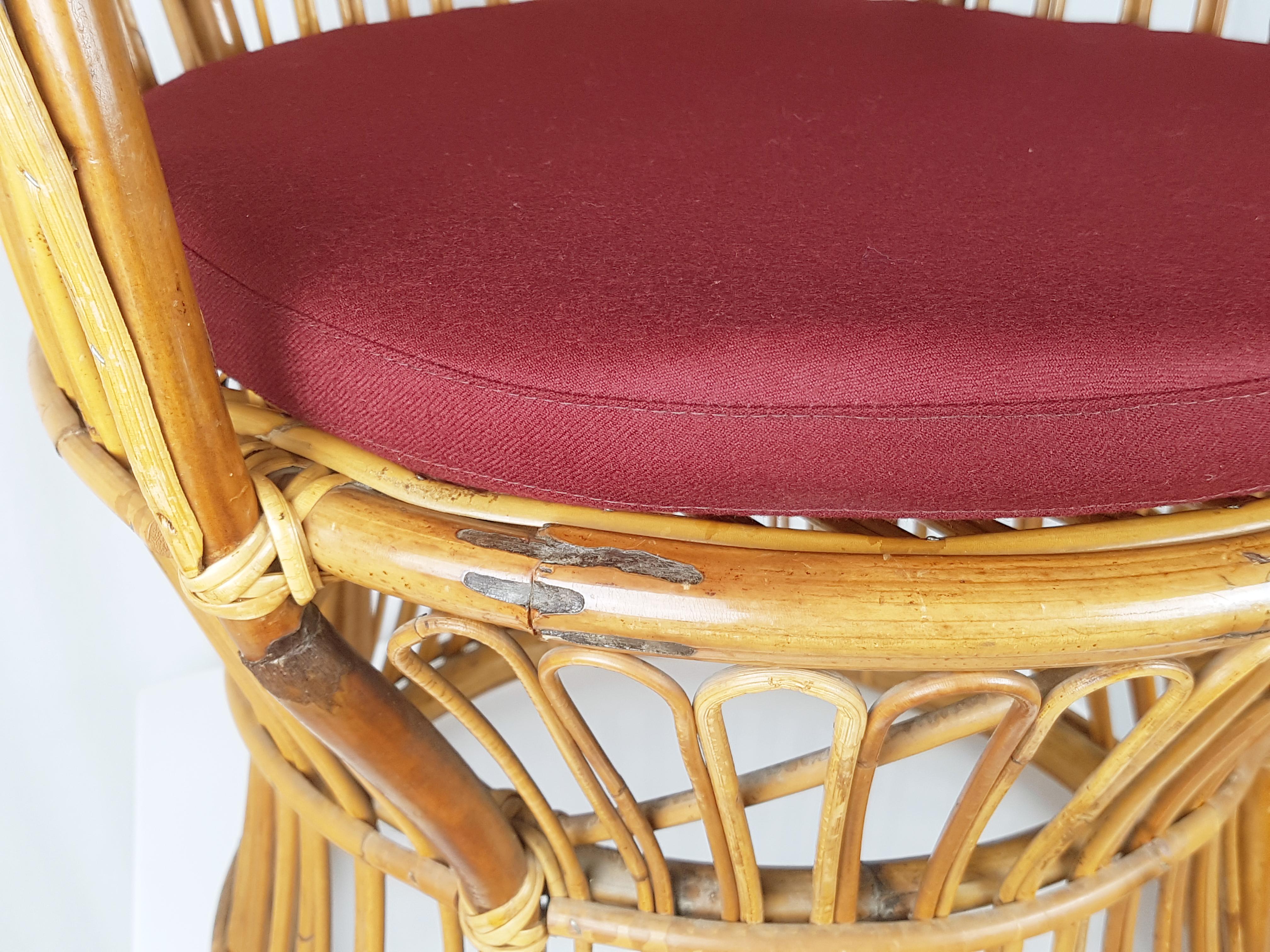 Midcentury Italian Rattan & Burgundy Wool Seat & Back Armchairs, 1960s, Pair For Sale 7
