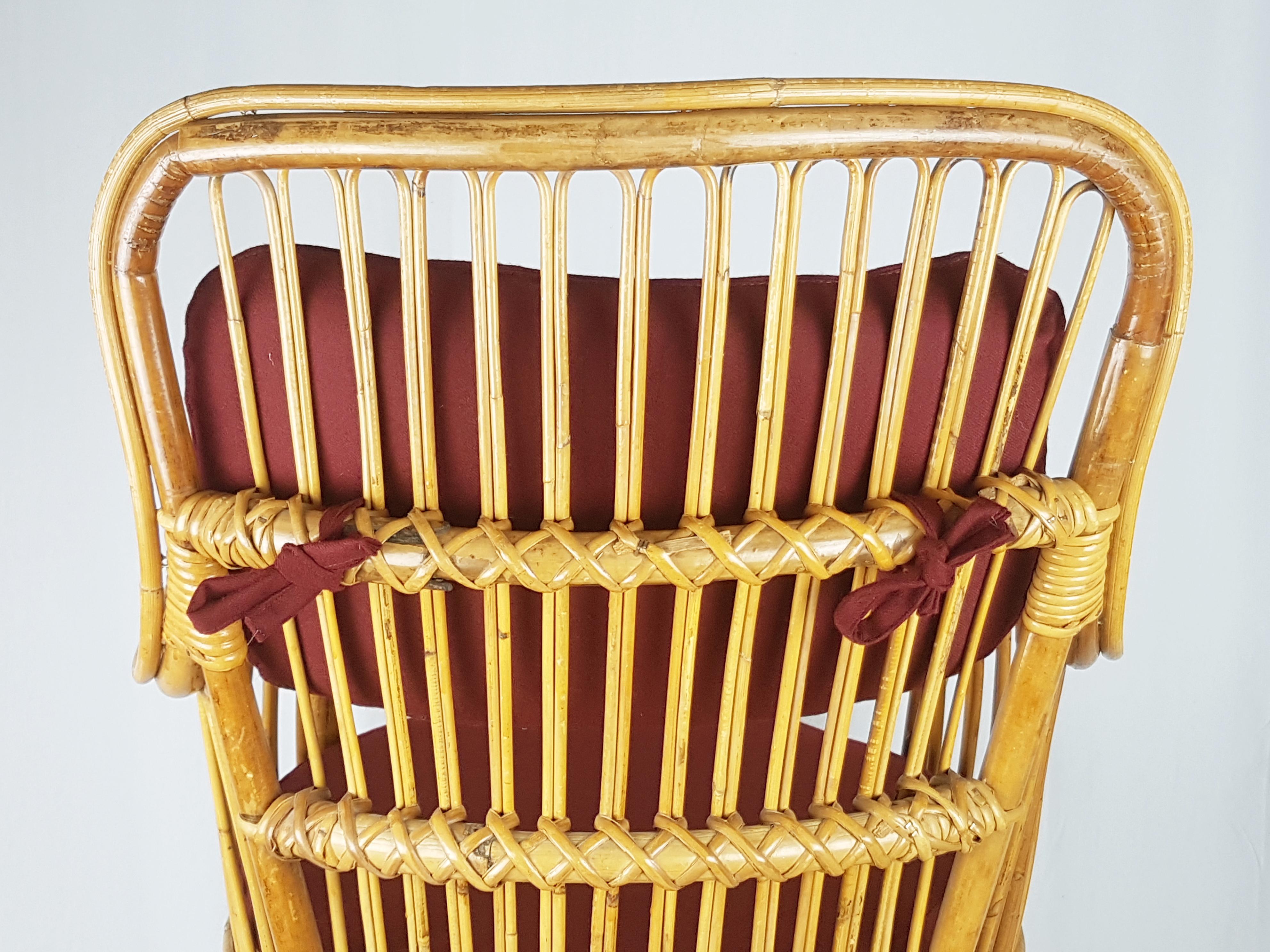 Midcentury Italian Rattan & Burgundy Wool Seat & Back Armchairs, 1960s, Pair For Sale 10