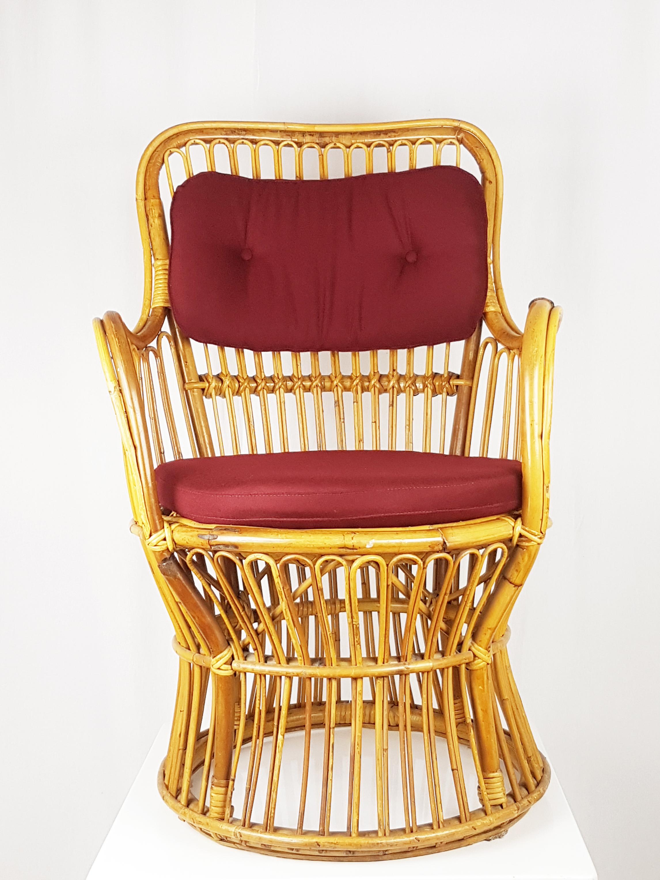 Midcentury Italian Rattan & Burgundy Wool Seat & Back Armchairs, 1960s, Pair For Sale 4