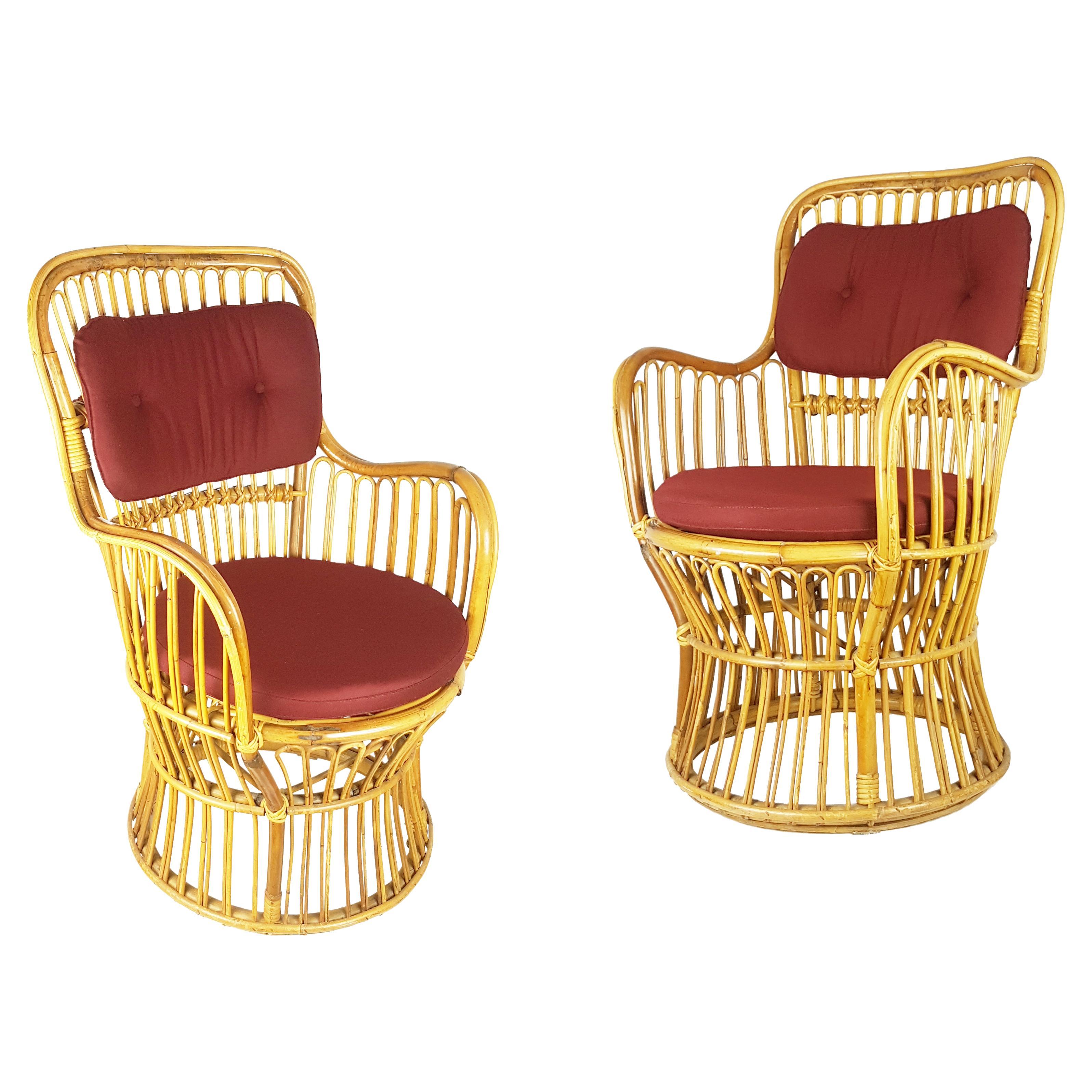 Midcentury Italian Rattan & Burgundy Wool Seat & Back Armchairs, 1960s, Pair For Sale