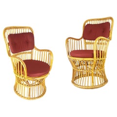 Midcentury Italian Rattan & Burgundy Wool Seat & Back Armchairs, 1960s, Pair