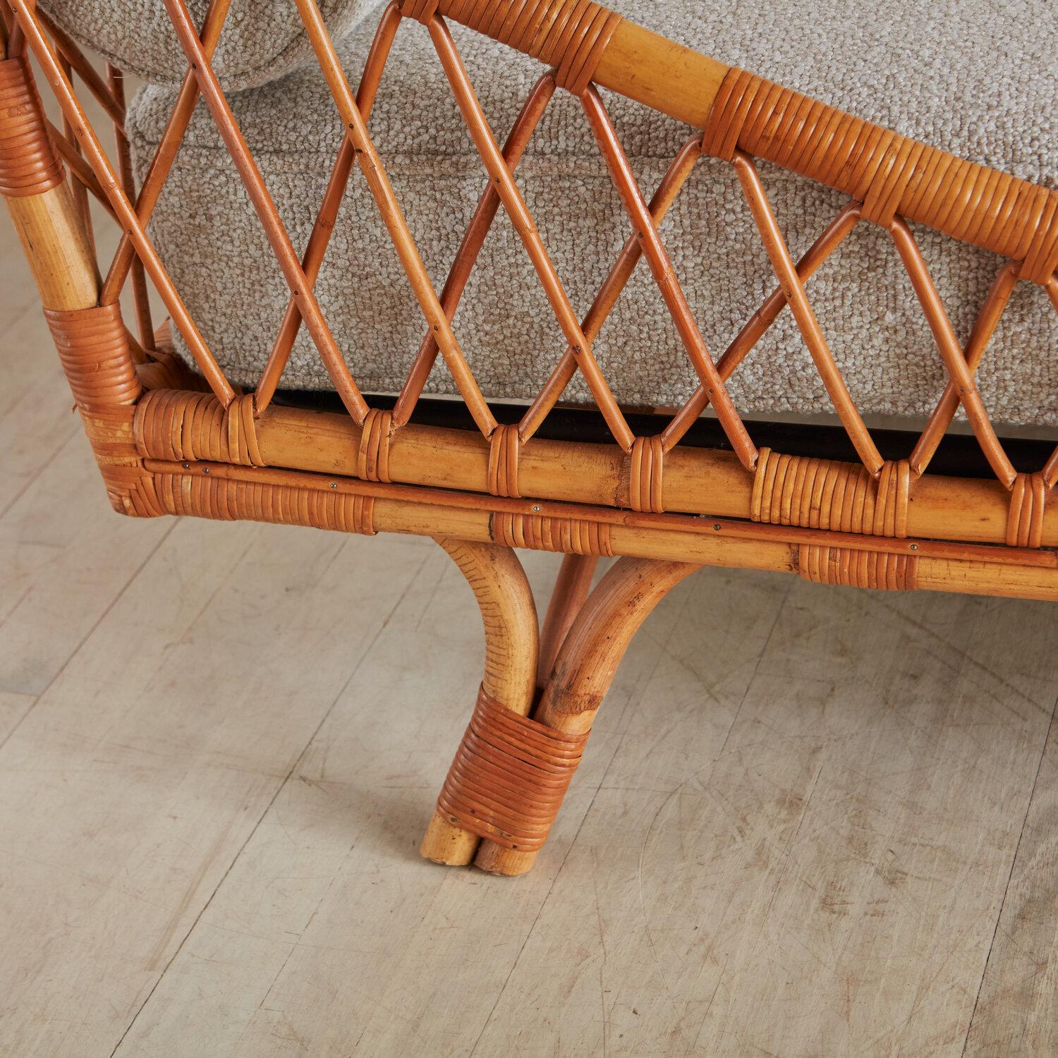 Mid Century Italian Rattan Daybed with Boucle Cushion + Bolster Pillows 4