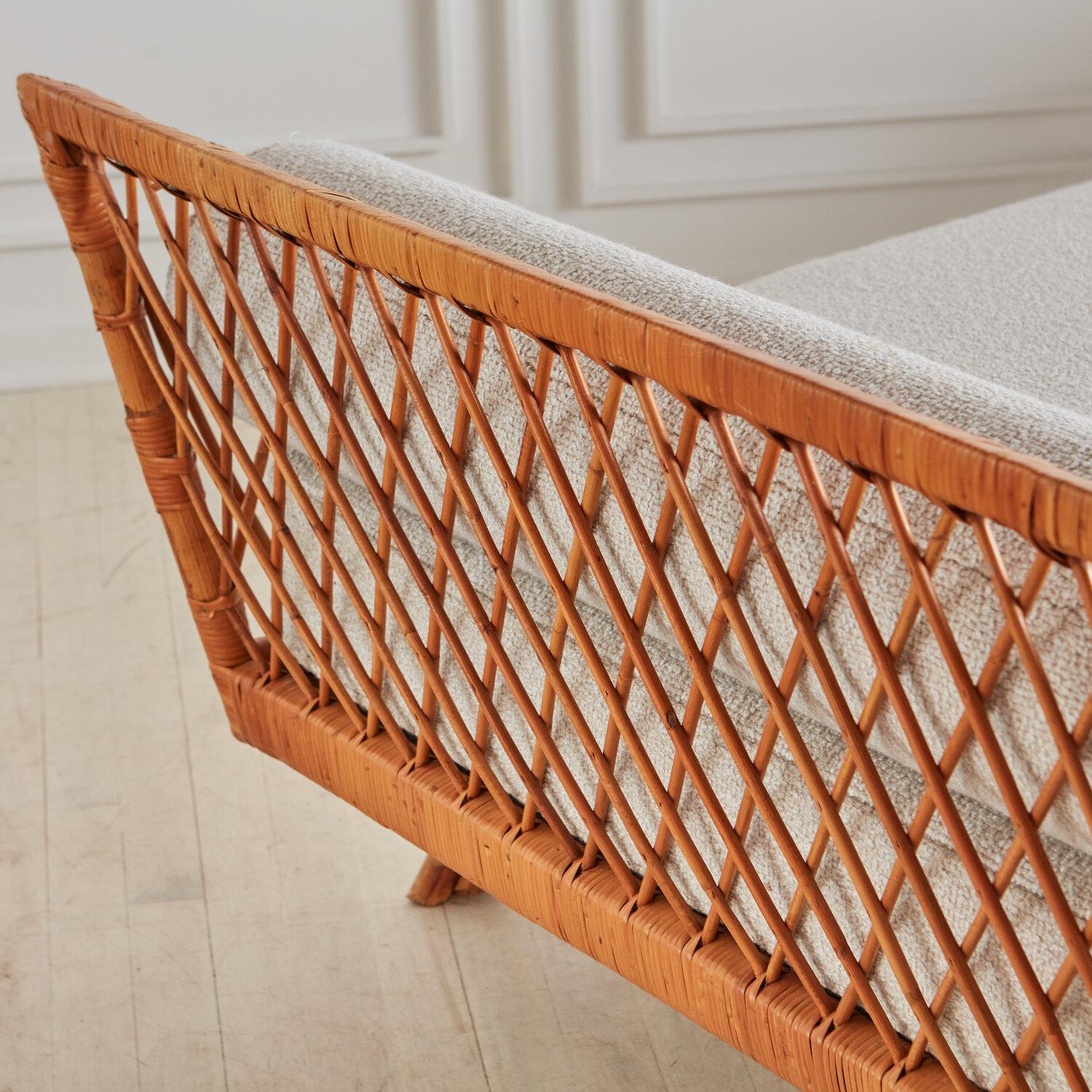 Mid Century Italian Rattan Daybed with Boucle Cushion + Bolster Pillows 5