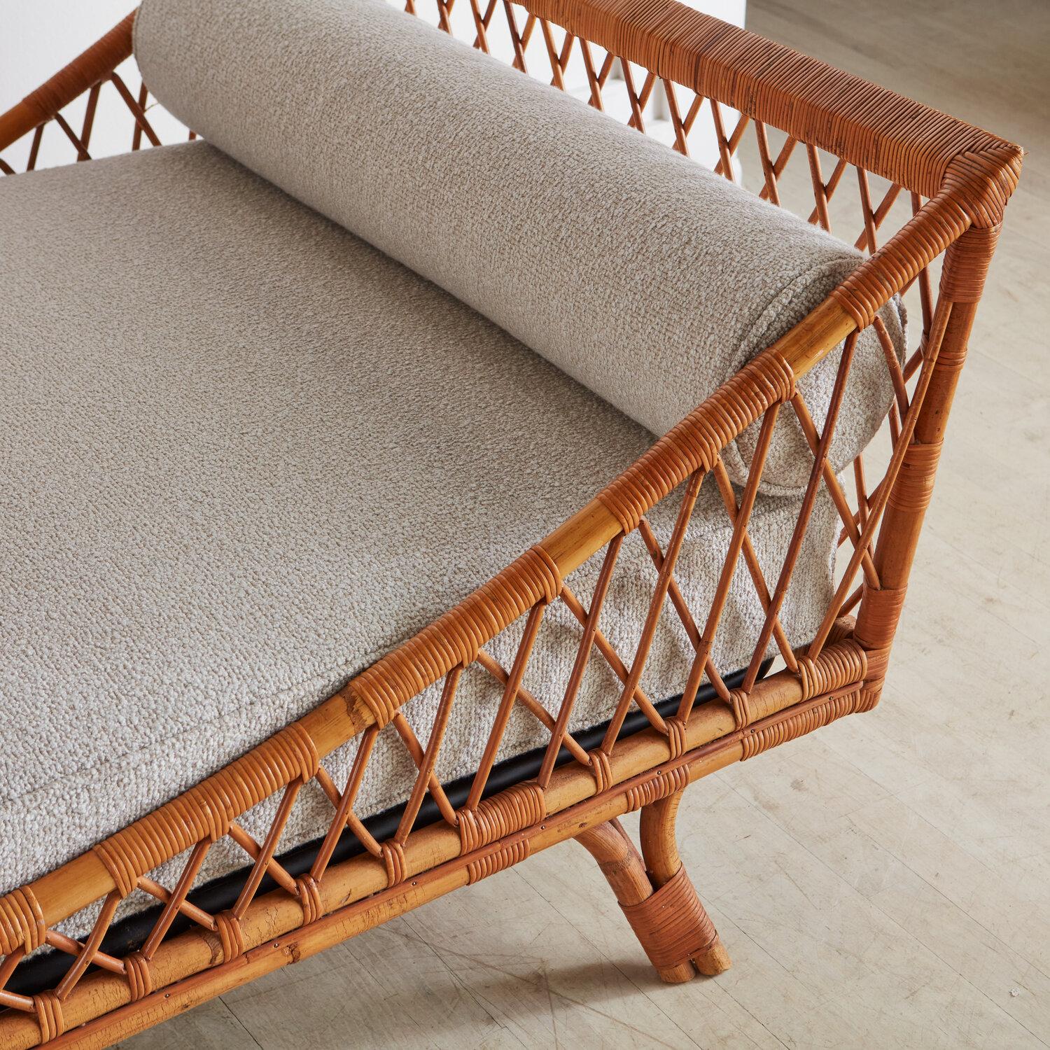 Mid Century Italian Rattan Daybed with Boucle Cushion + Bolster Pillows 6