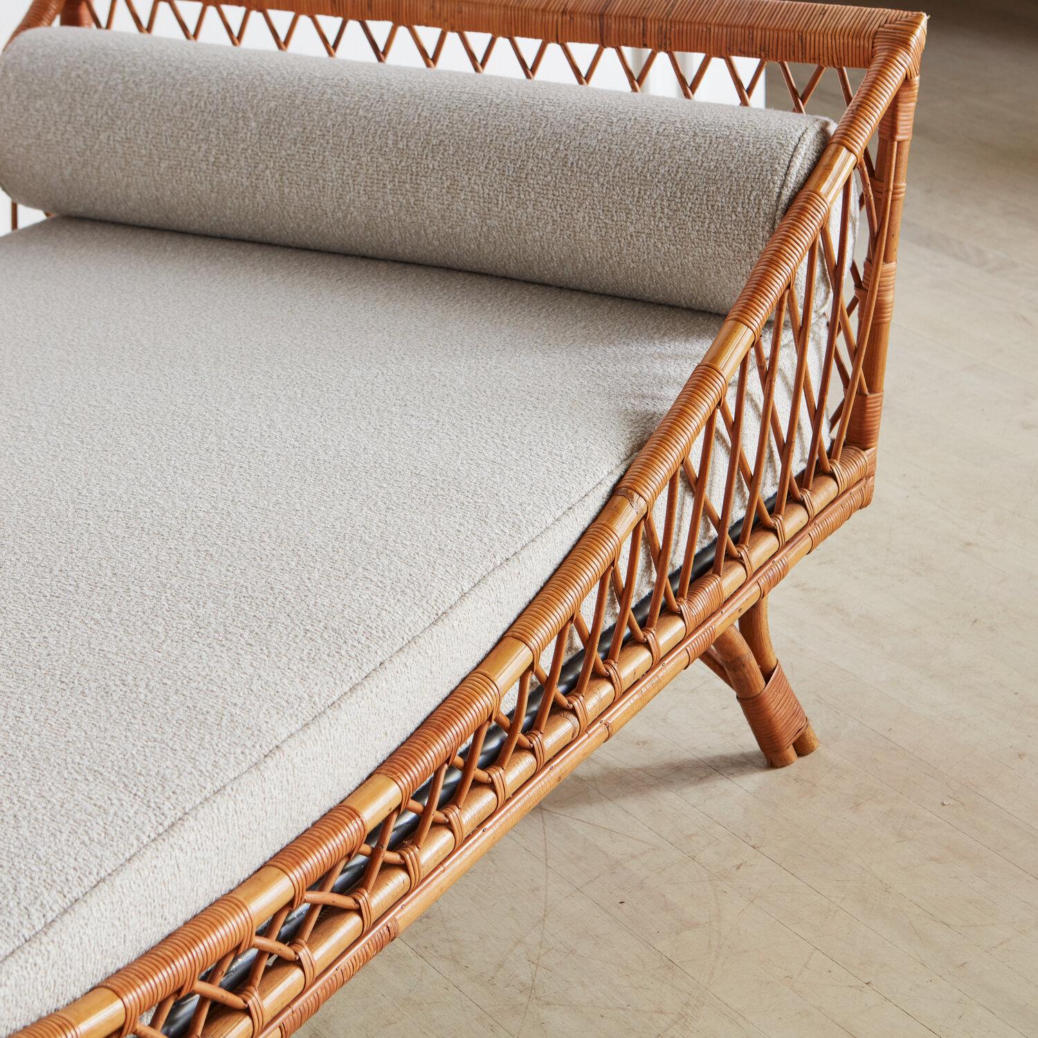Mid Century Italian Rattan Daybed with Boucle Cushion + Bolster Pillows 7