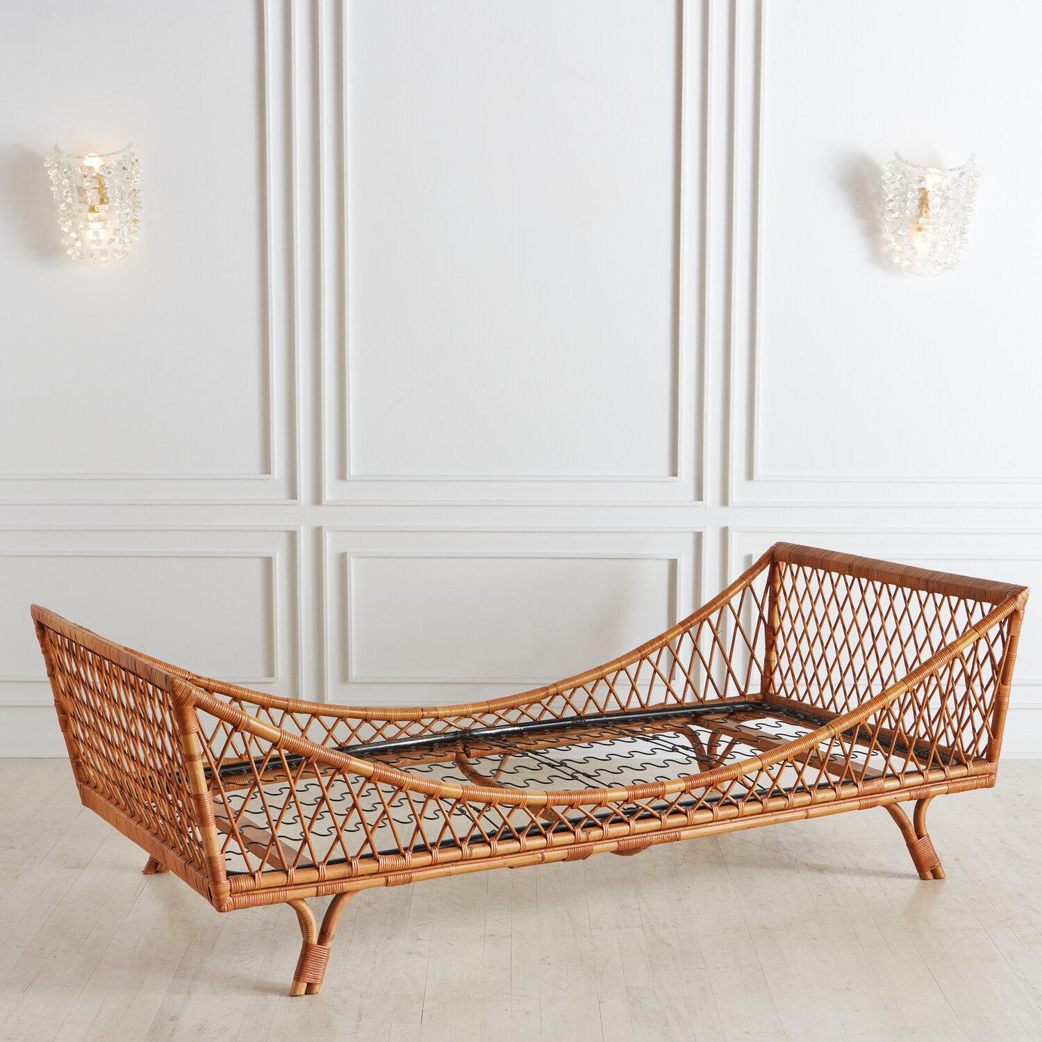 Mid Century Italian Rattan Daybed with Boucle Cushion + Bolster Pillows 8