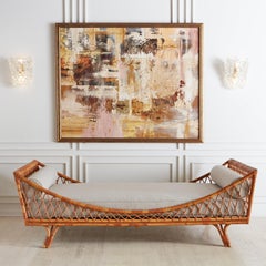 Mid Century Italian Rattan Daybed with Boucle Cushion + Bolster Pillows