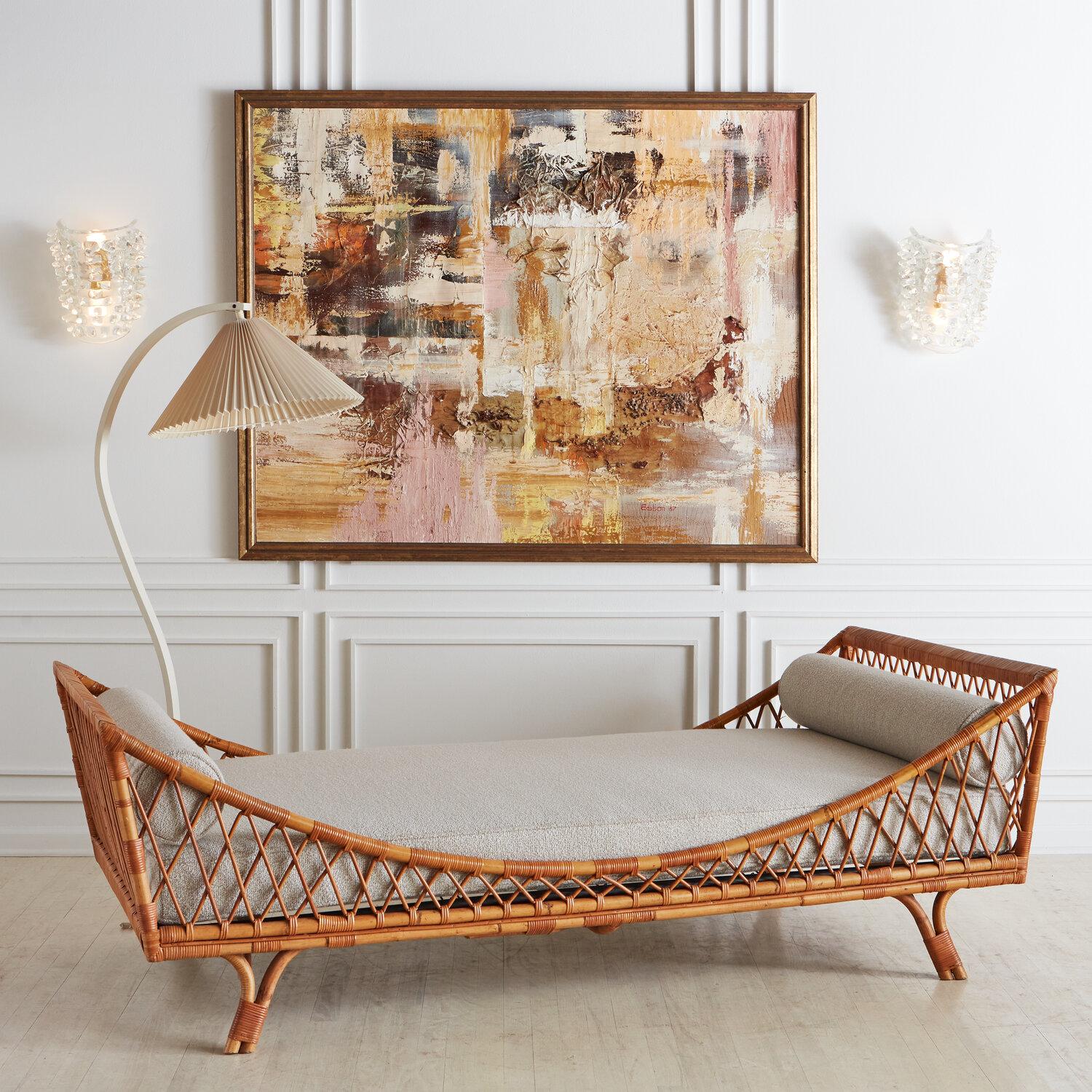 Mid-Century Modern Mid Century Italian Rattan Daybed with Boucle Cushion + Bolster Pillows