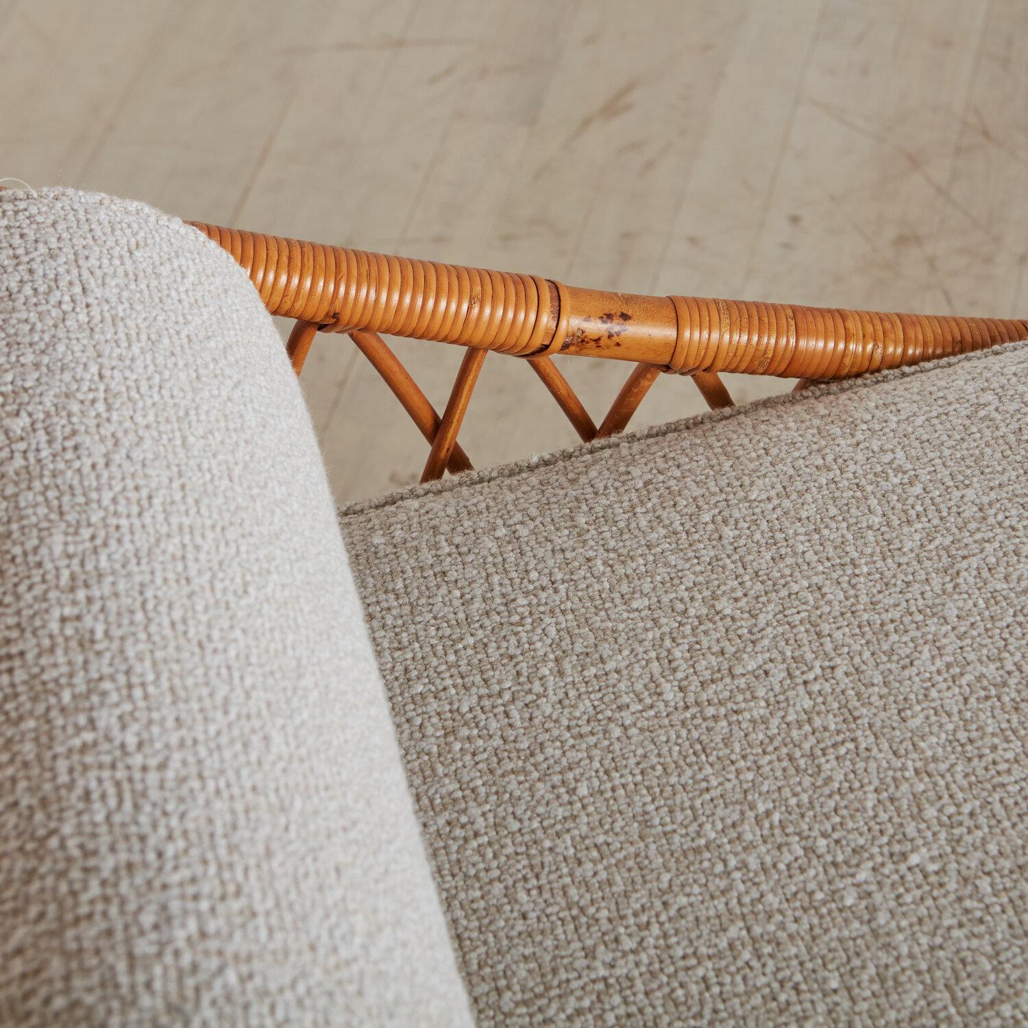 Mid Century Italian Rattan Daybed with Boucle Cushion + Bolster Pillows 1