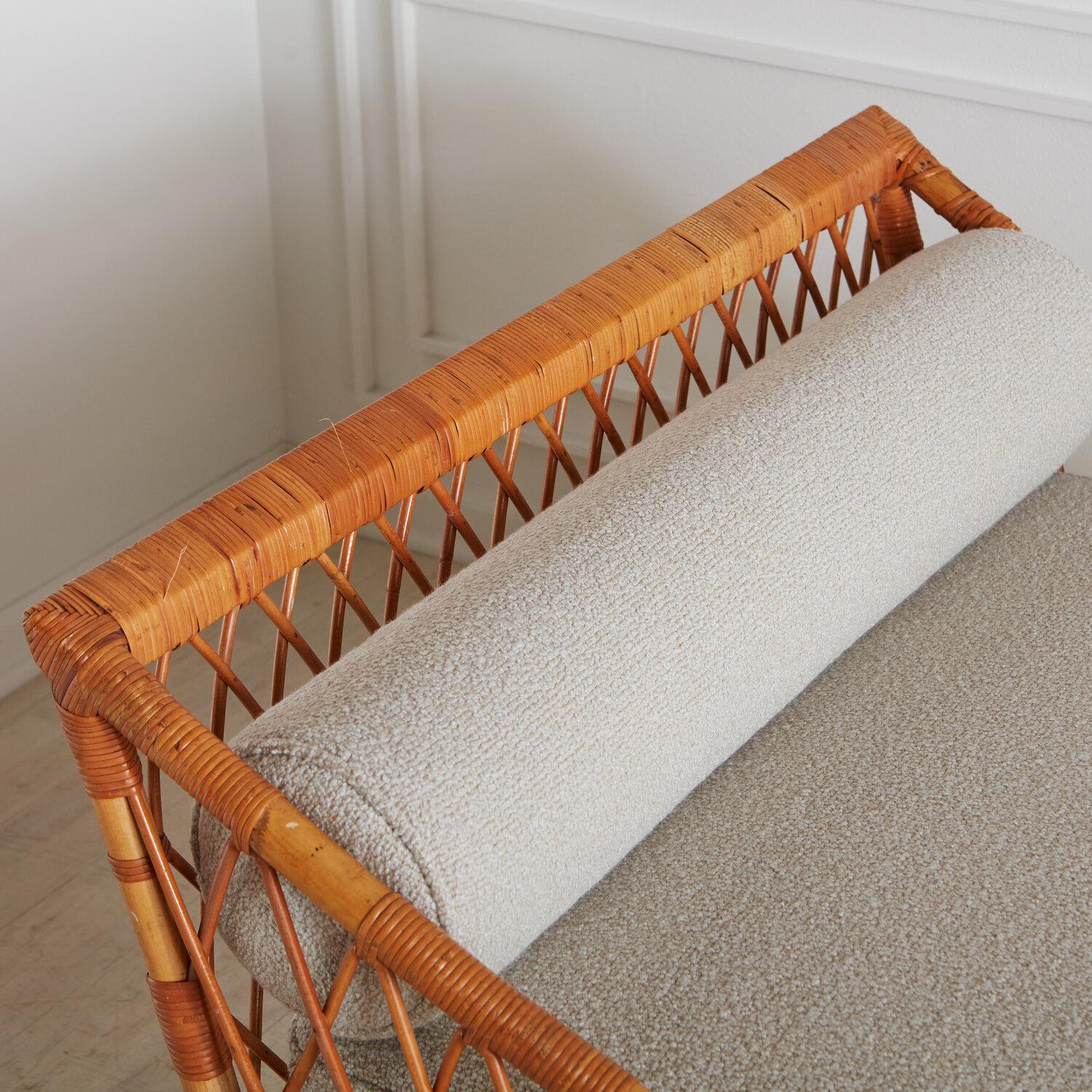 Mid Century Italian Rattan Daybed with Boucle Cushion + Bolster Pillows 2