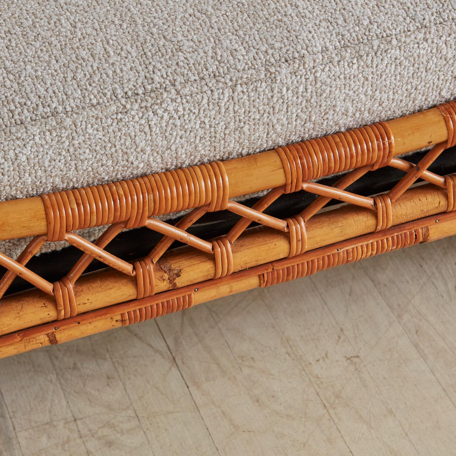 Mid Century Italian Rattan Daybed with Boucle Cushion + Bolster Pillows 3