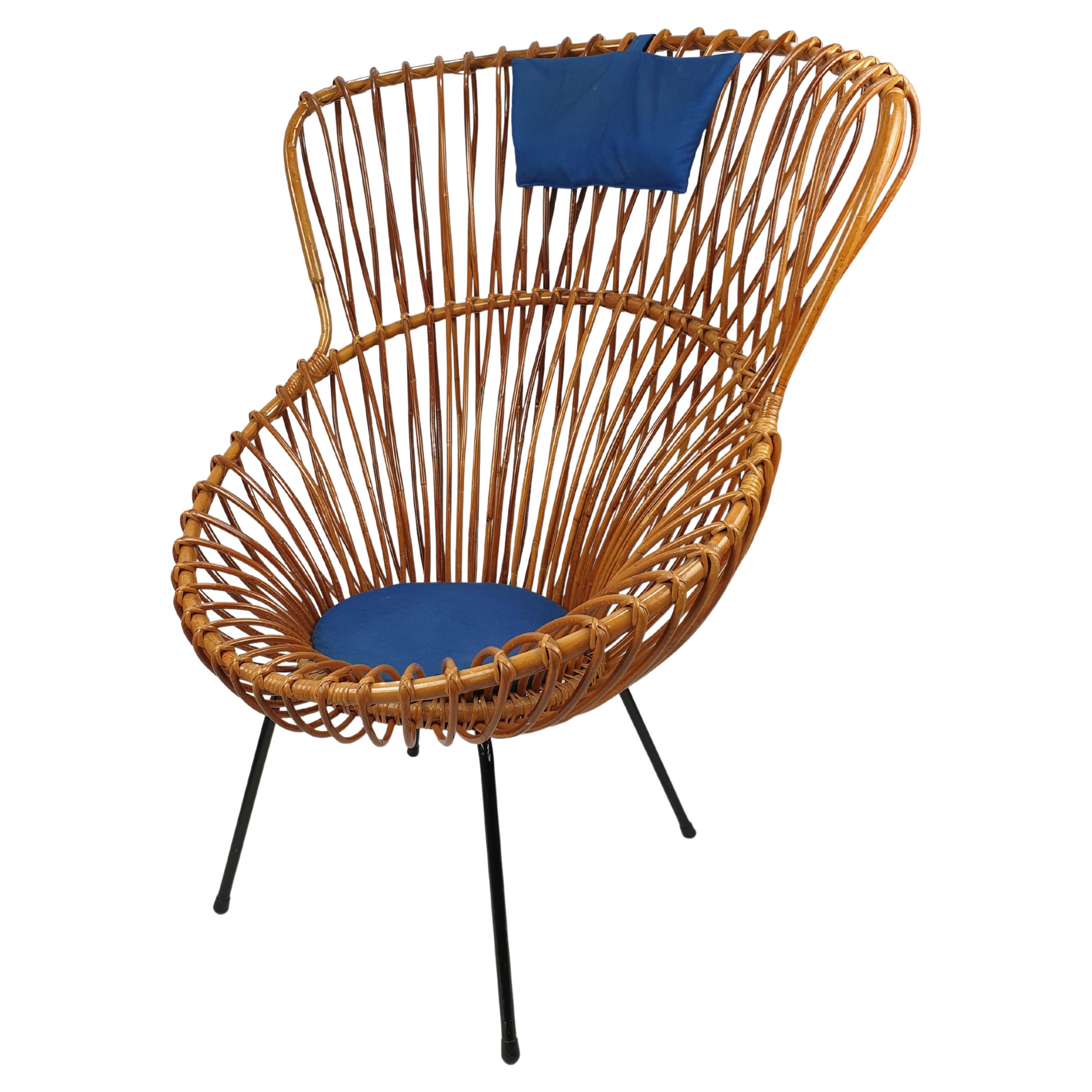 Mid Century Italian Rattan Lounge Chair in the Style of Franco Albini, 1960
s