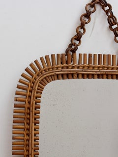 Mid-Century Italian Rattan Mirror with Hanging Chain (circa 1960s)