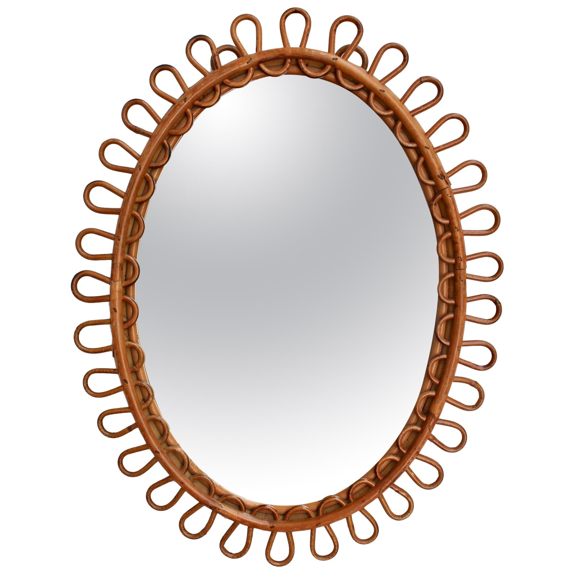 Midcentury Italian Rattan Oval Wall Mirror, circa 1960s