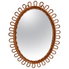 Midcentury Italian Rattan Oval Wall Mirror, circa 1960s