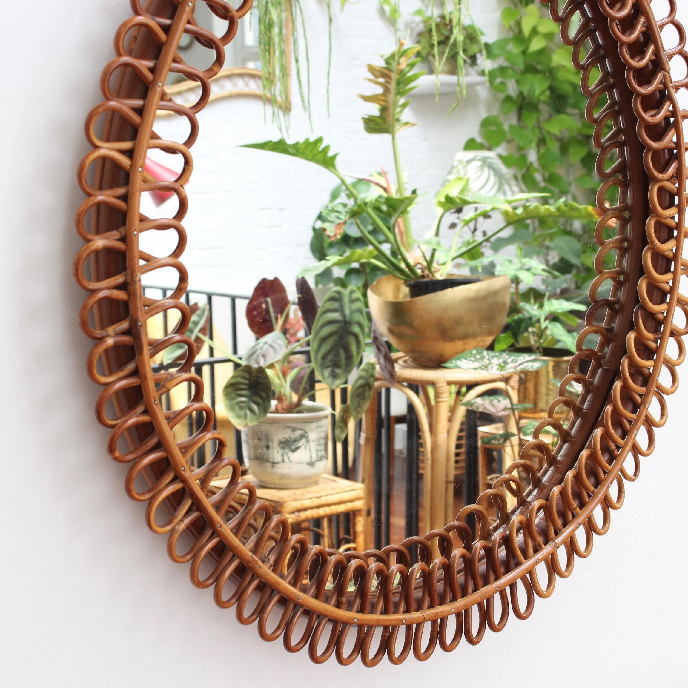 Mid-20th Century Midcentury Italian Rattan Round Wall Mirror, circa 1960s