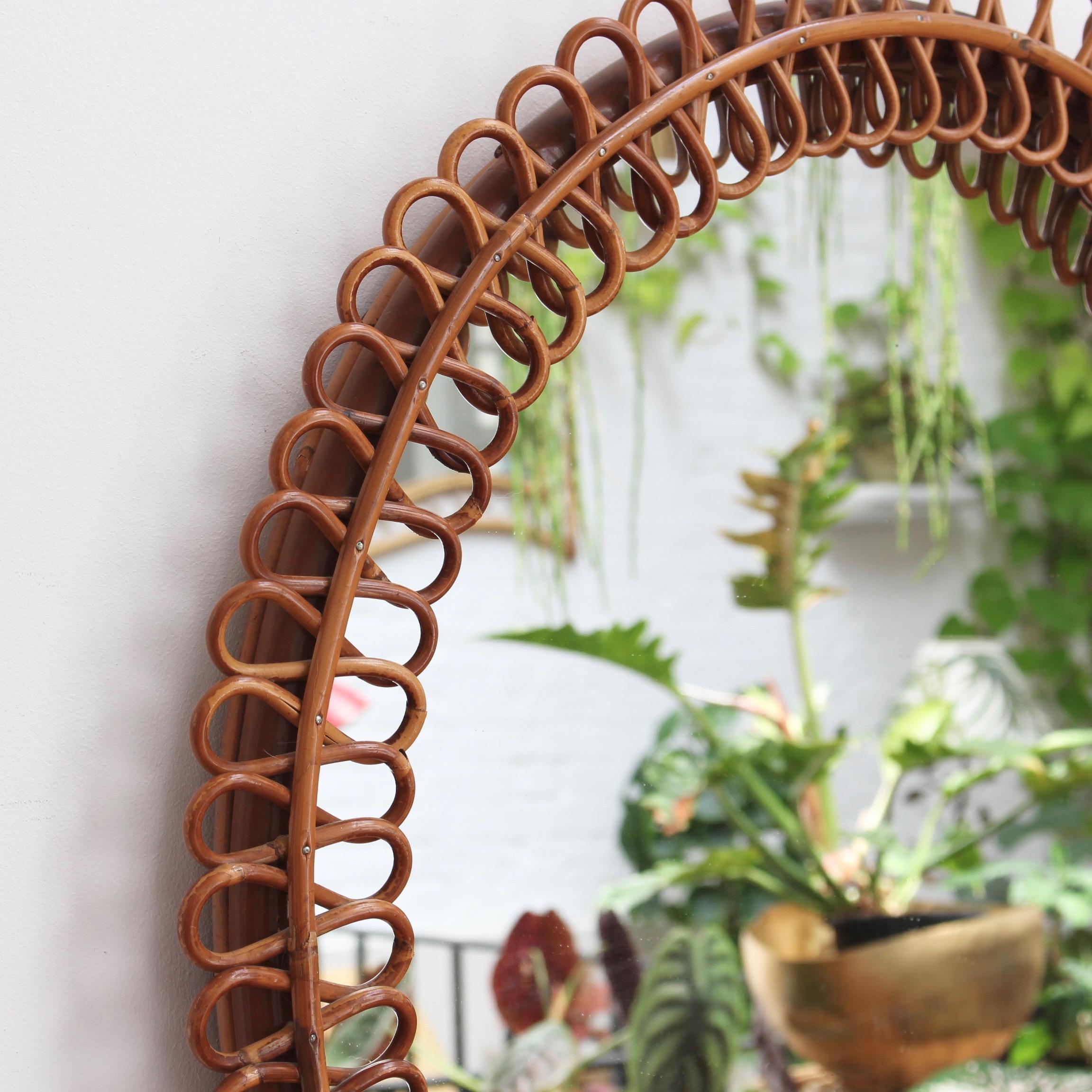 Midcentury Italian Rattan Round Wall Mirror, circa 1960s 1