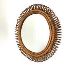 Mid-Century Italian Rattan Round Wall Mirror