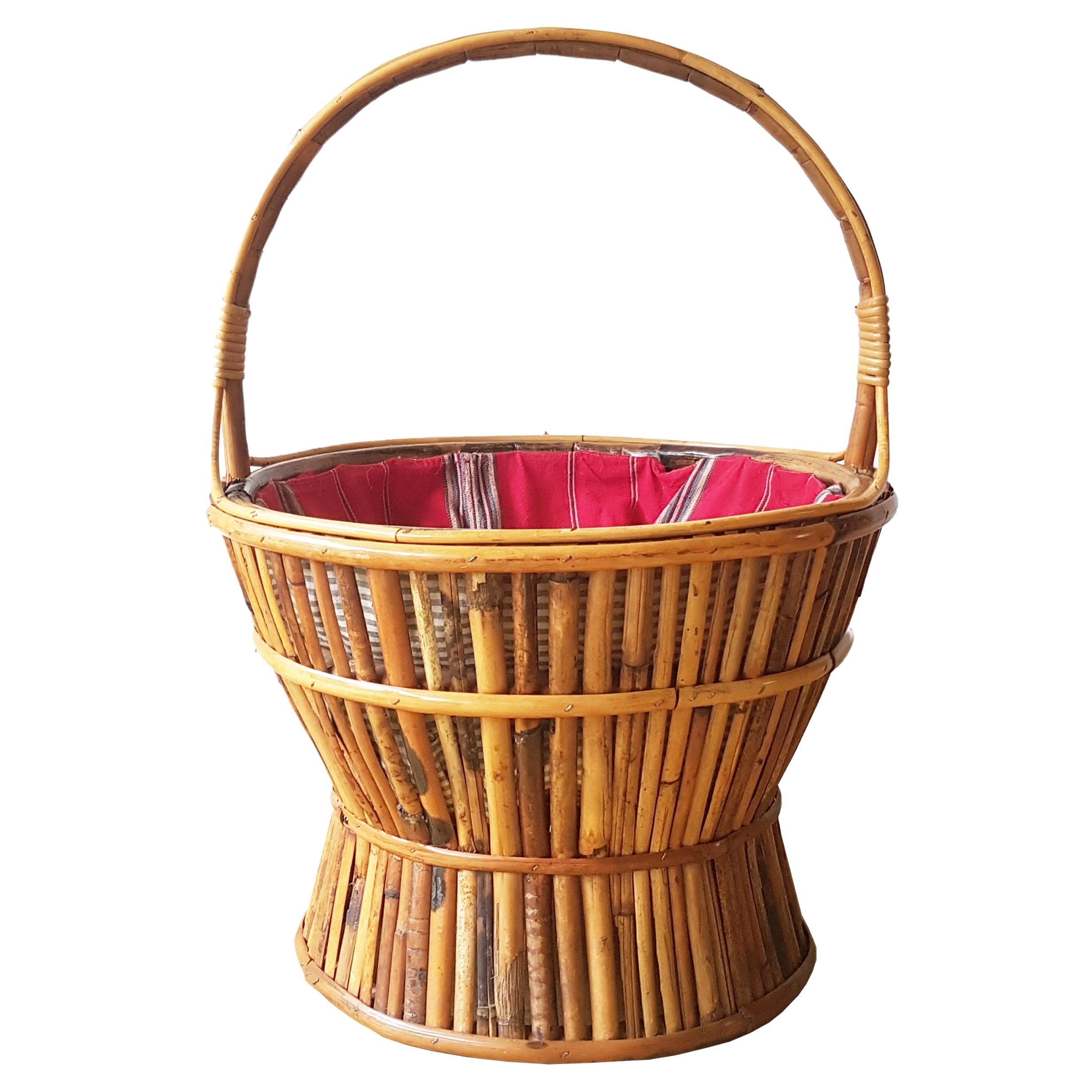 Midcentury Italian Rattan, Rush and Fabric Work Knitting Basket For Sale